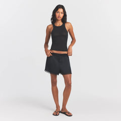 WOVEN SHINE LACE BOXER | ONYX ON A MODEL FRONT VIEW @ | FOCUS: 0.0, 1.0, 0.9