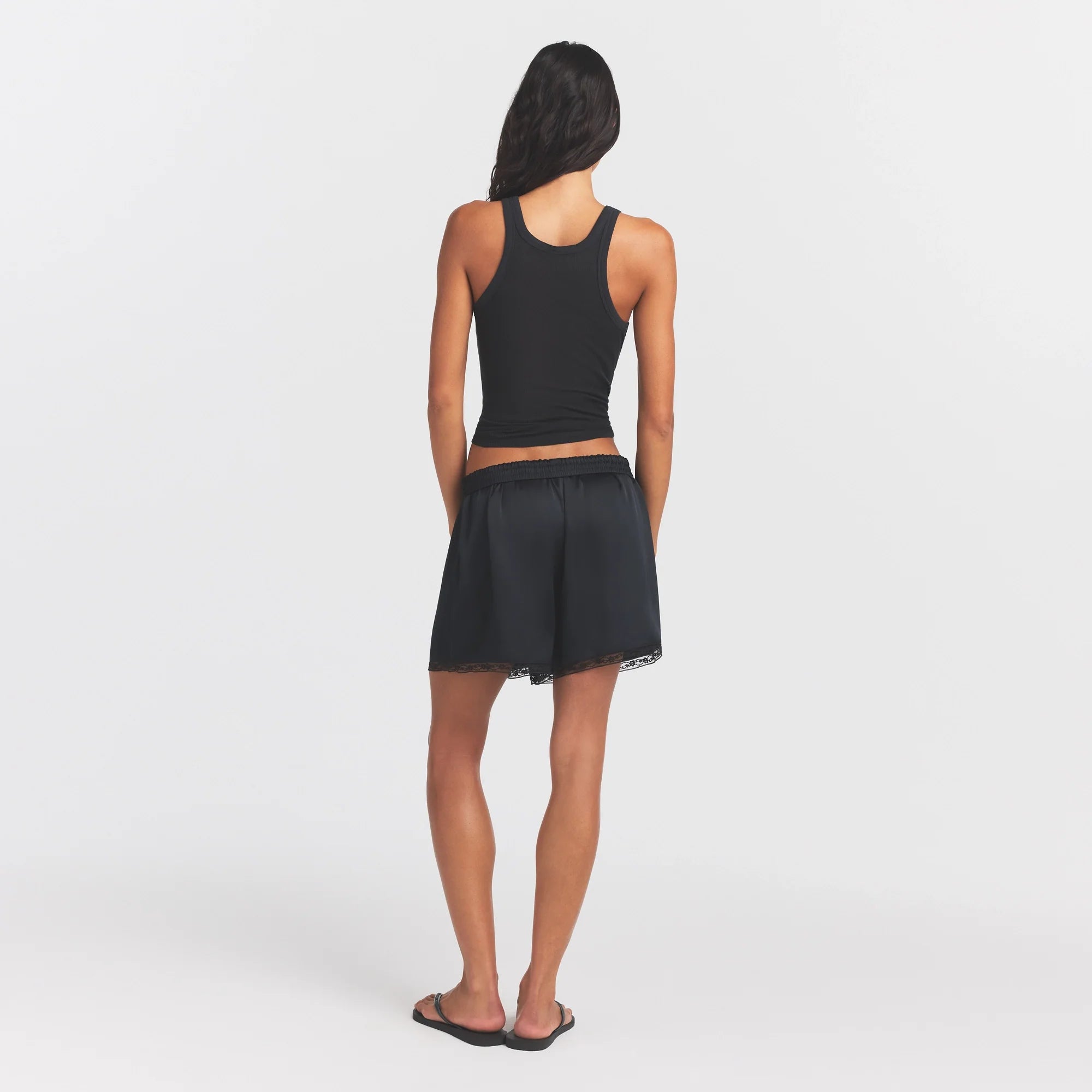WOVEN SHINE LACE BOXER | ONYX ON A MODEL FRONT VIEW @ | FOCUS: 0.0, 1.0, 0.9