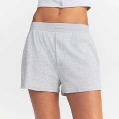 COTTON RIB LOOSE BOXER | LIGHT HEATHER GREY ON A MODEL SIDE VIEW