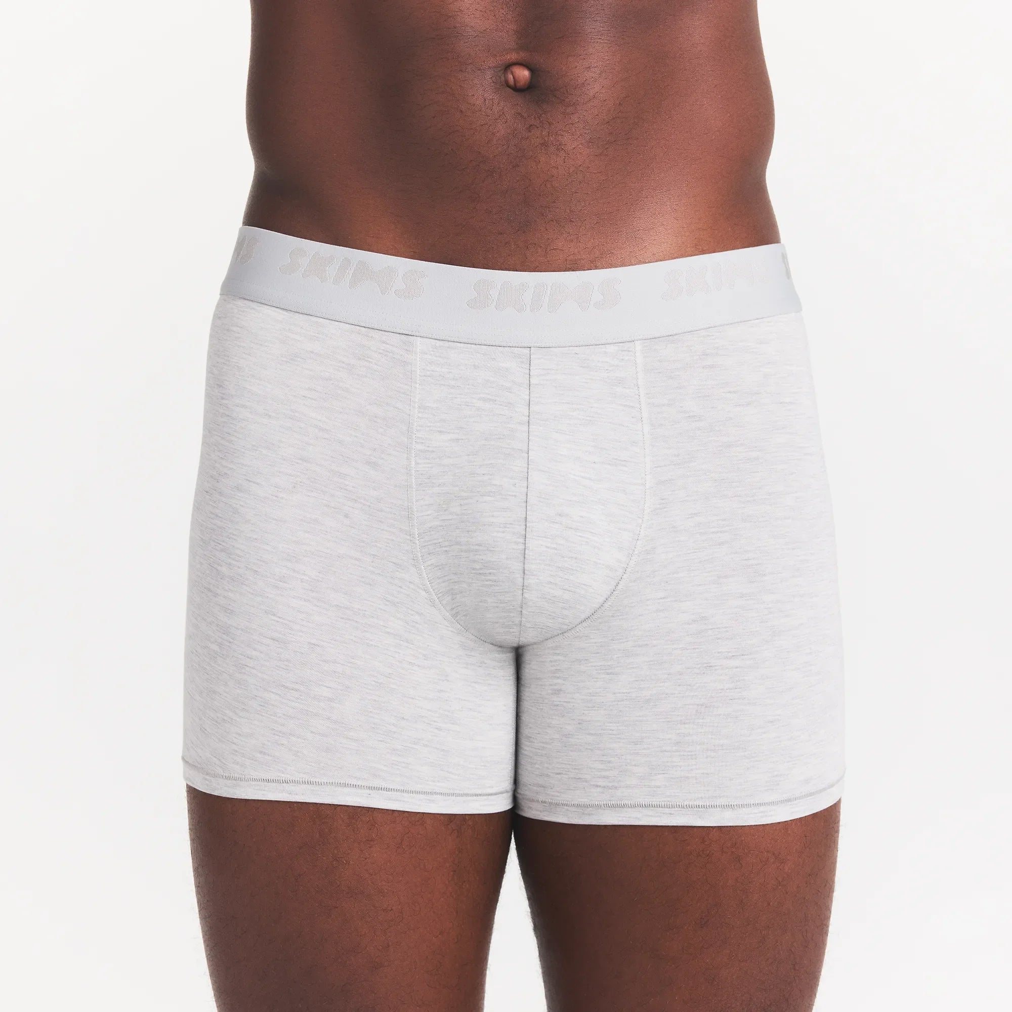 SKIMS STRETCH MENS 3" BOXER BRIEF | LIGHT HEATHER GREY ON A MODEL FRONT VIEW
