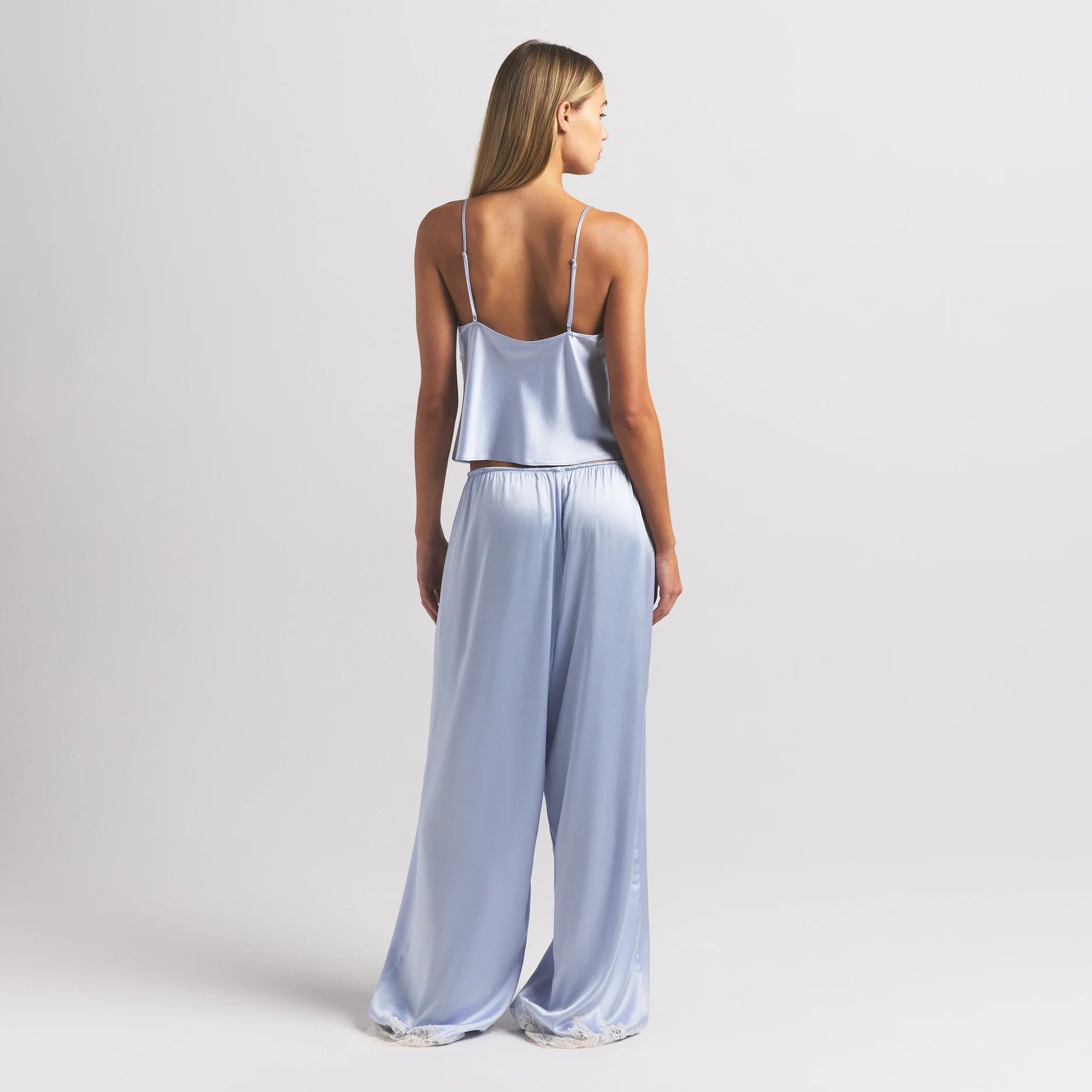 SILK LACE PANT | PERIWINKLE CONTRAST ON A MODEL FRONT VIEW @ | FOCUS: 0.0, 1.0, 0.9