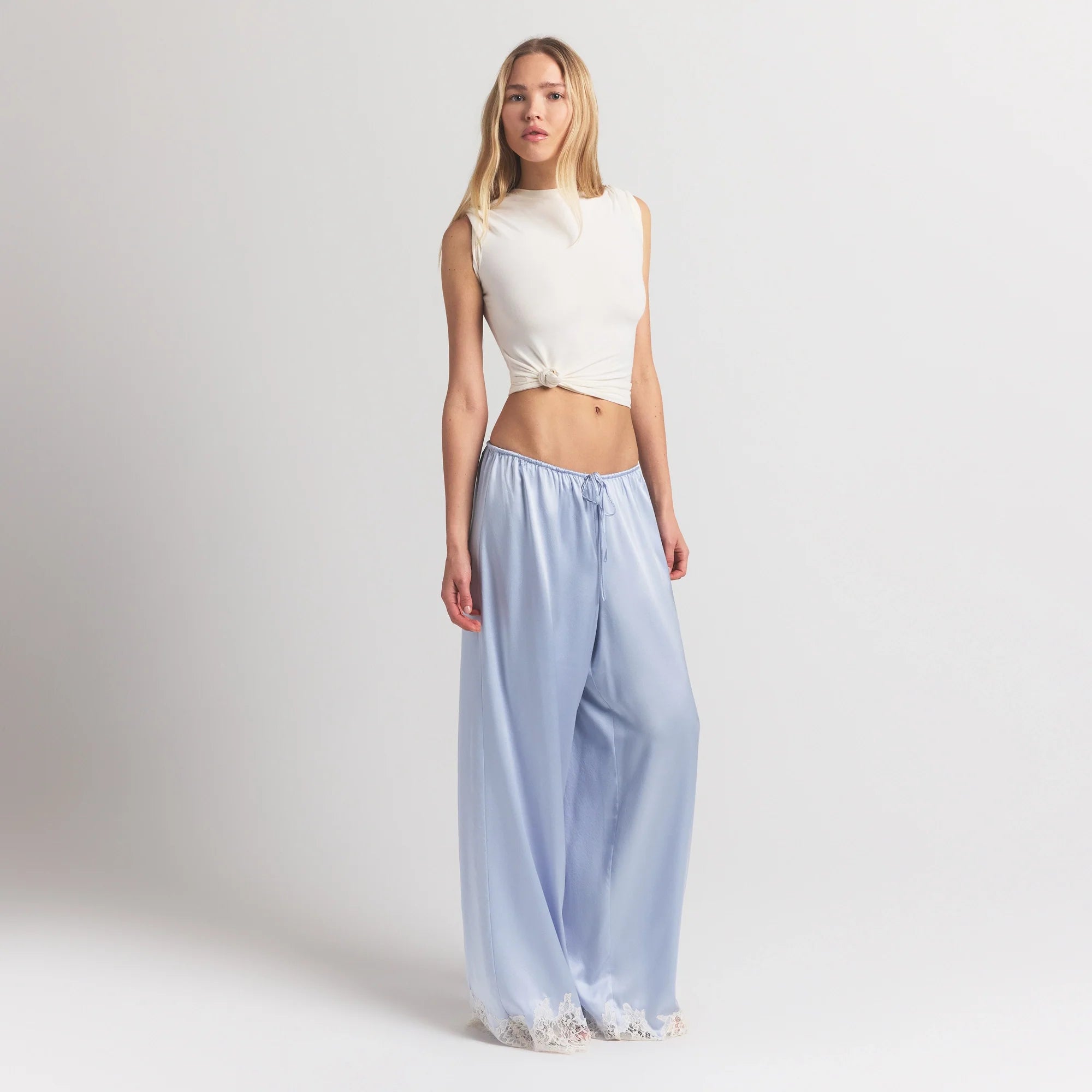 SILK LACE PANT | PERIWINKLE CONTRAST ON A MODEL FRONT VIEW @ | FOCUS: 0.0, 1.0, 0.9
