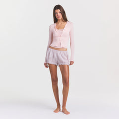 VOILE SLEEP BLOOMER SHORT | LIGHT LILAC ON A MODEL FRONT VIEW @ | FOCUS: 0.0, 1.0, 0.9