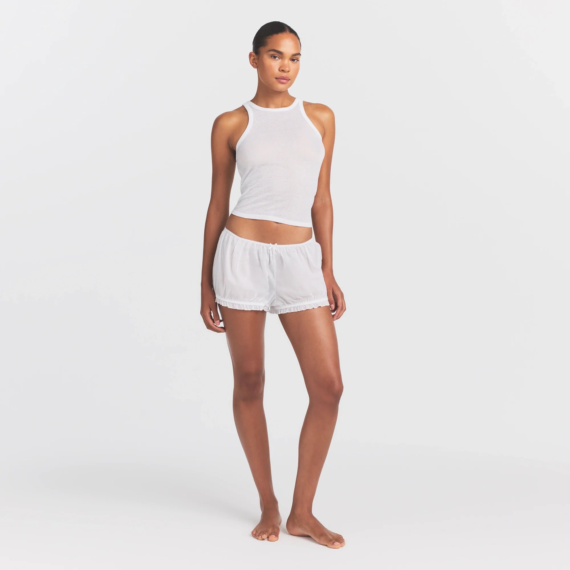 VOILE SLEEP BLOOMER SHORT | SNOW ON A MODEL FRONT VIEW @ | FOCUS: 0.0, 1.0, 0.9