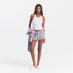 COTTON POPLIN SLEEP RUFFLE SHORT | IRIS MICA NAVY CHECK ON A MODEL | FOCUS: 0.0, 1.0, 0.9