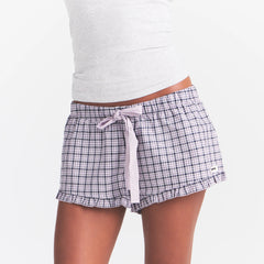 COTTON POPLIN SLEEP RUFFLE SHORT | IRIS MICA NAVY CHECK & LAYS FLAT ON A WHITE BACKGROUND | FLT