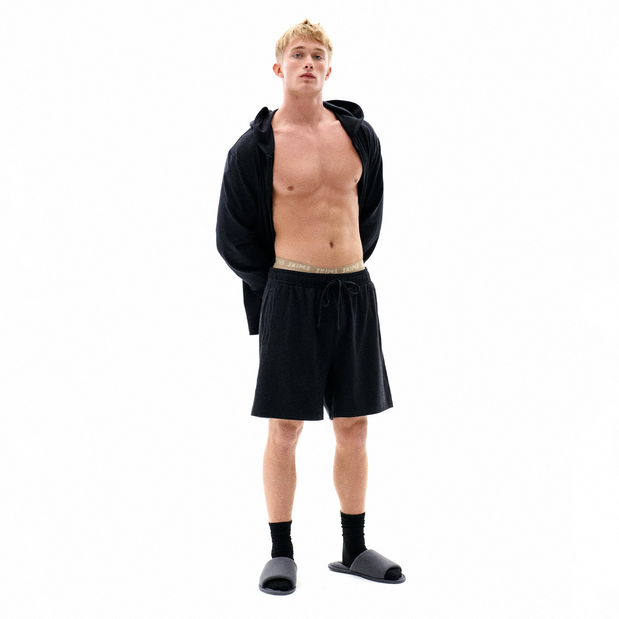 JERSEY LOUNGE MENS SHORT | OBSIDIAN ON A MODEL FRONT VIEW CAMPAIGN IMAGERY @ | FOCUS: 0.0, 1.0, 0.9