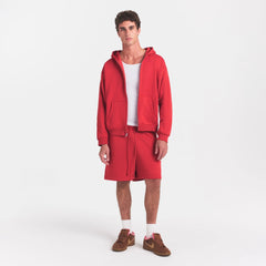 FLEECE LOUNGE MENS RELAXED SHORT | WASHED RED ON A MODEL FRONT VIEW @ | FOCUS: 0.0, 1.0, 0.9