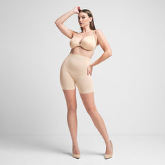SHEER SCULPT LOW BACK SHORT | SAND ON A MODEL FRONT VIEW