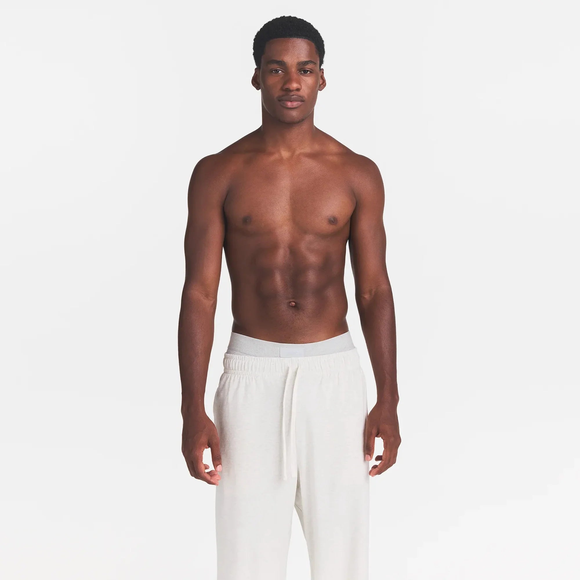 JERSEY LOUNGE MENS RELAXED STRAIGHT LEG PANT | CHALK HEATHER ON A MODEL FRONT VIEW @ | FOCUS: 0.0, 1.0, 0.9