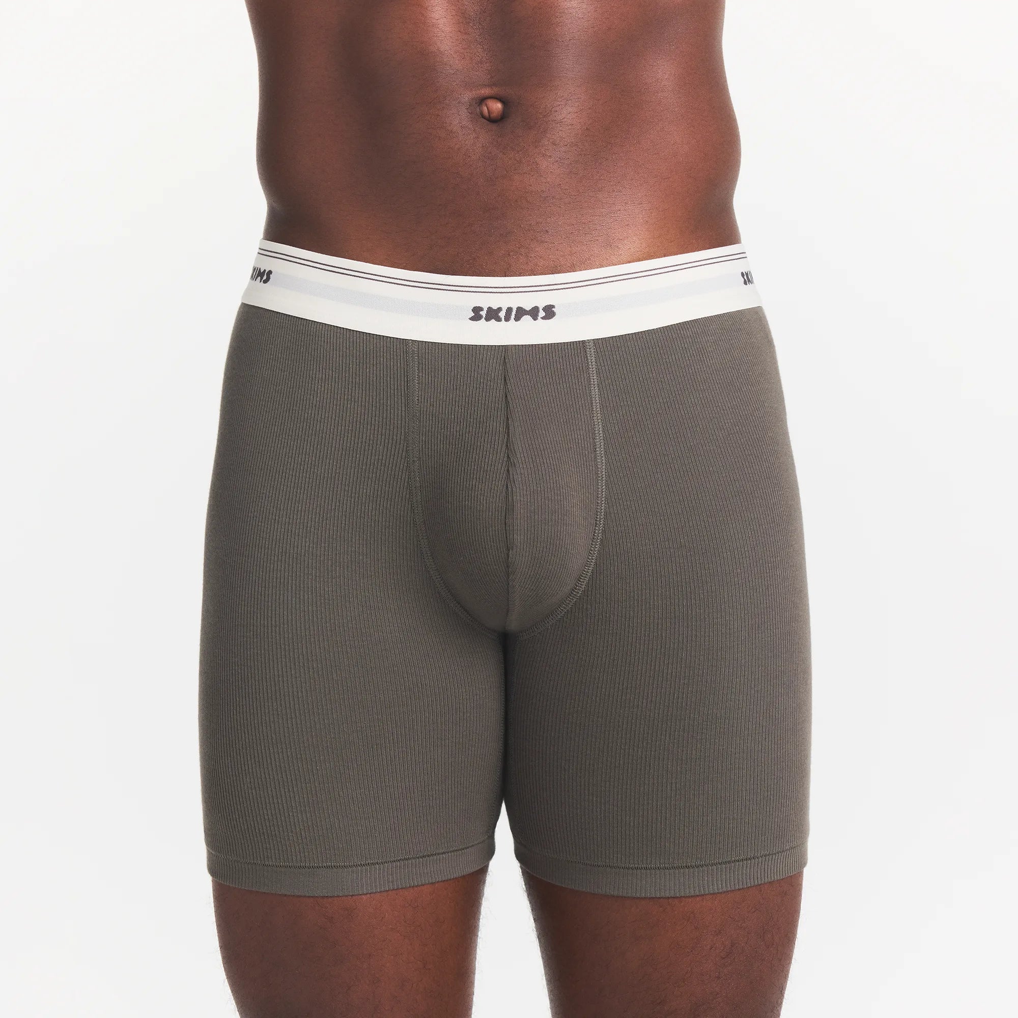 SKIMS COTTON RIB MENS 5" BOXER BRIEF | JUNGLE ON A MODEL FRONT VIEW @ | FOCUS: 0.0, 1.0, 0.9