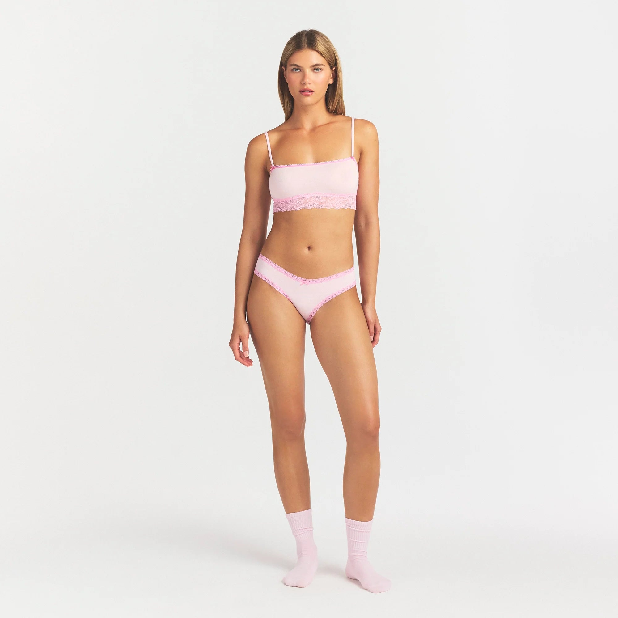 LIGHTWEIGHT COTTON LACE BRIEF | CHERRY BLOSSOM ON A MODEL FRONT VIEW @ | FOCUS: 0.0, 1.0, 0.9
