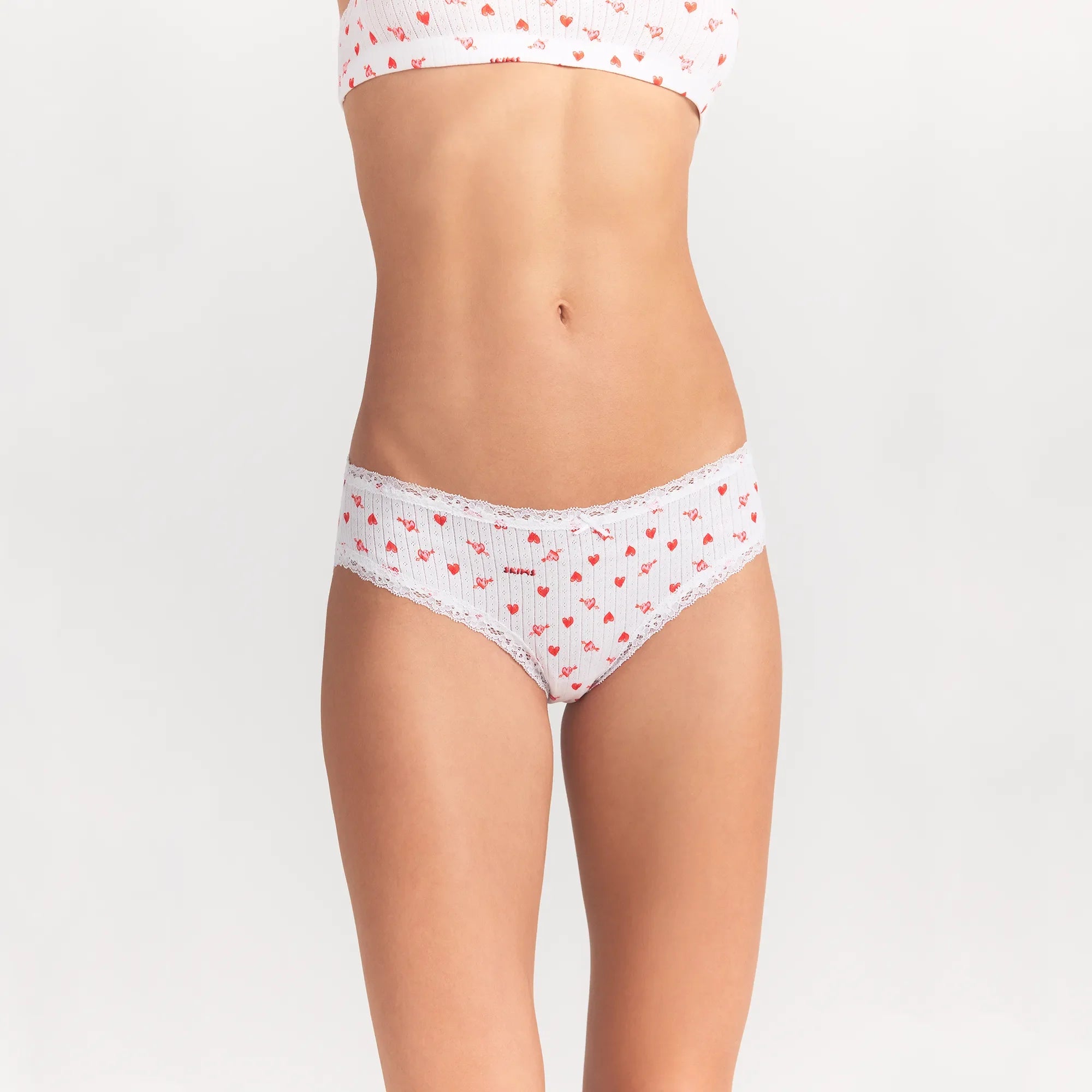LIGHTWEIGHT COTTON POINTELLE LACE BRIEF | SNOW ARROWED HEARTS ON A MODEL FRONT VIEW @ | FOCUS: 0.0, 1.0, 0.9