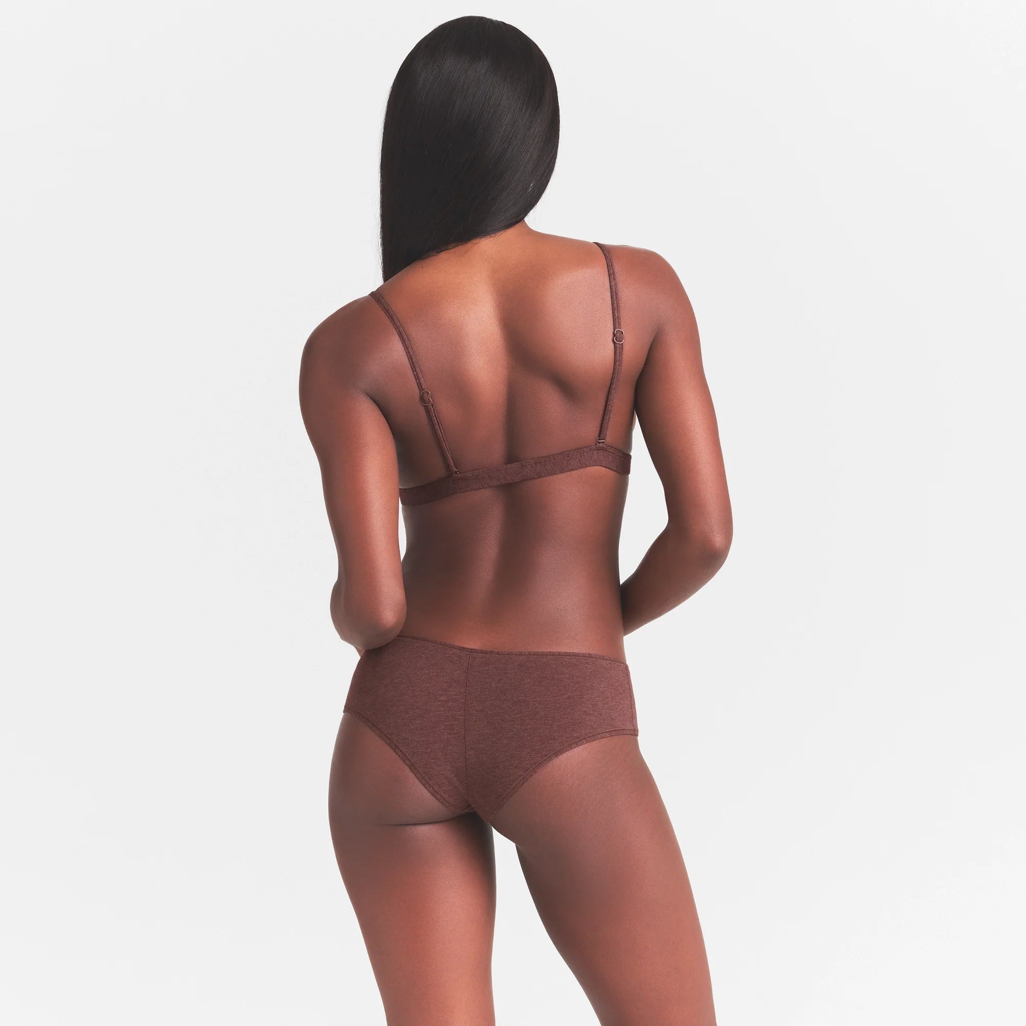 EVERYDAY COTTON TRIANGLE BRALETTE | COCOA HEATHER ON A MODEL SIDE  VIEW @ | FOCUS: 0.0, 1.0, 0.9