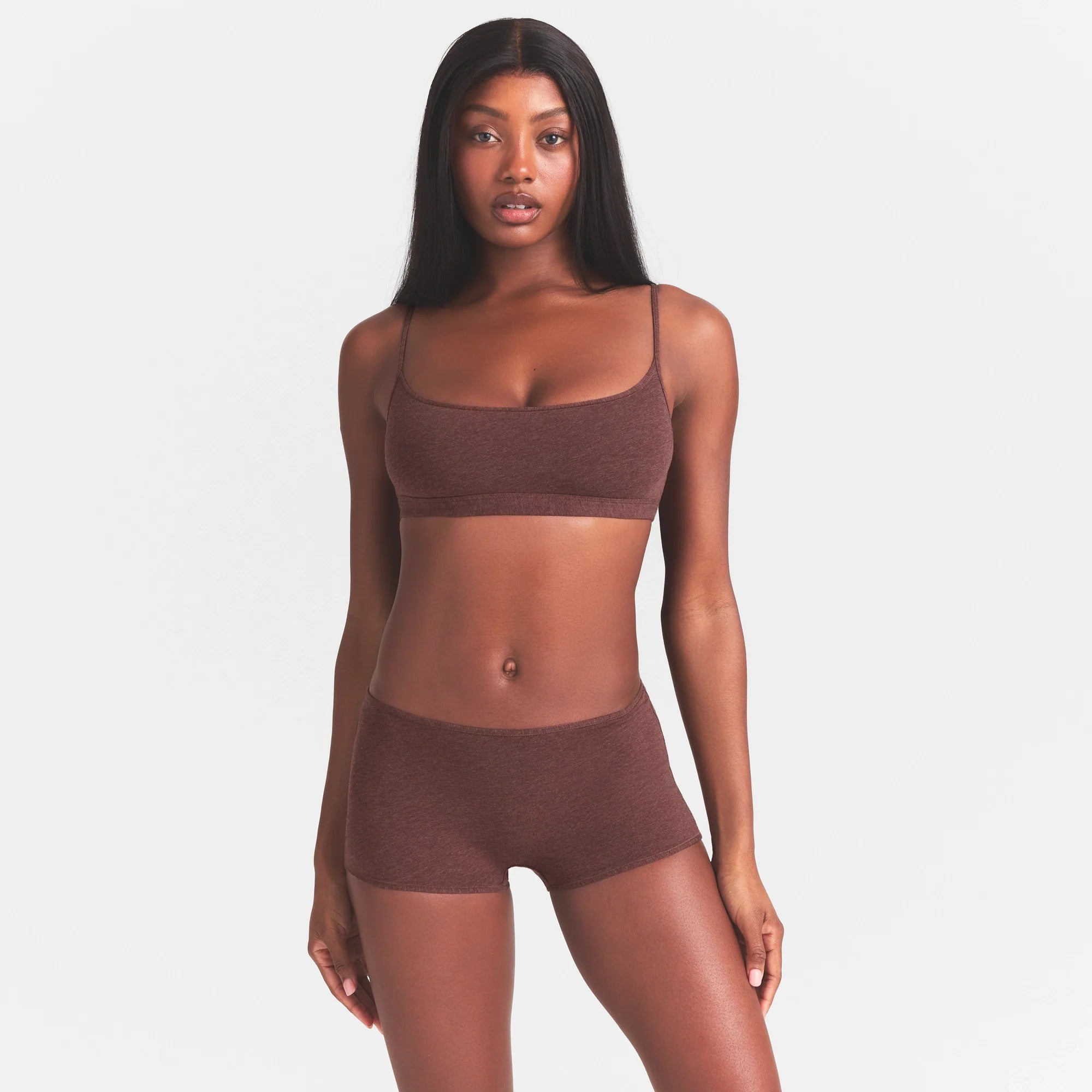 EVERYDAY COTTON SCOOP BRALETTE | COCOA HEATHER ON A MODEL SIDE  VIEW @ | FOCUS: 0.0, 1.0, 0.9