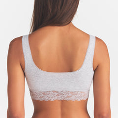 LIGHTWEIGHT COTTON LACE SCOOP BRALETTE | LIGHT HEATHER GREY ON A MODEL SIDE VIEW @ | FOCUS: 0.0, 1.0, 0.9
