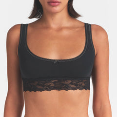 LIGHTWEIGHT COTTON LACE SCOOP BRALETTE | SOOT TONAL ON A MODEL SIDE VIEW