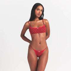 LIGHTWEIGHT COTTON POINTELLE SCOOP BRALETTE | BRICK HEART HALFDROP ON A MODEL FRONT VIEW @ | FOCUS: 0.0, 1.0, 0.9