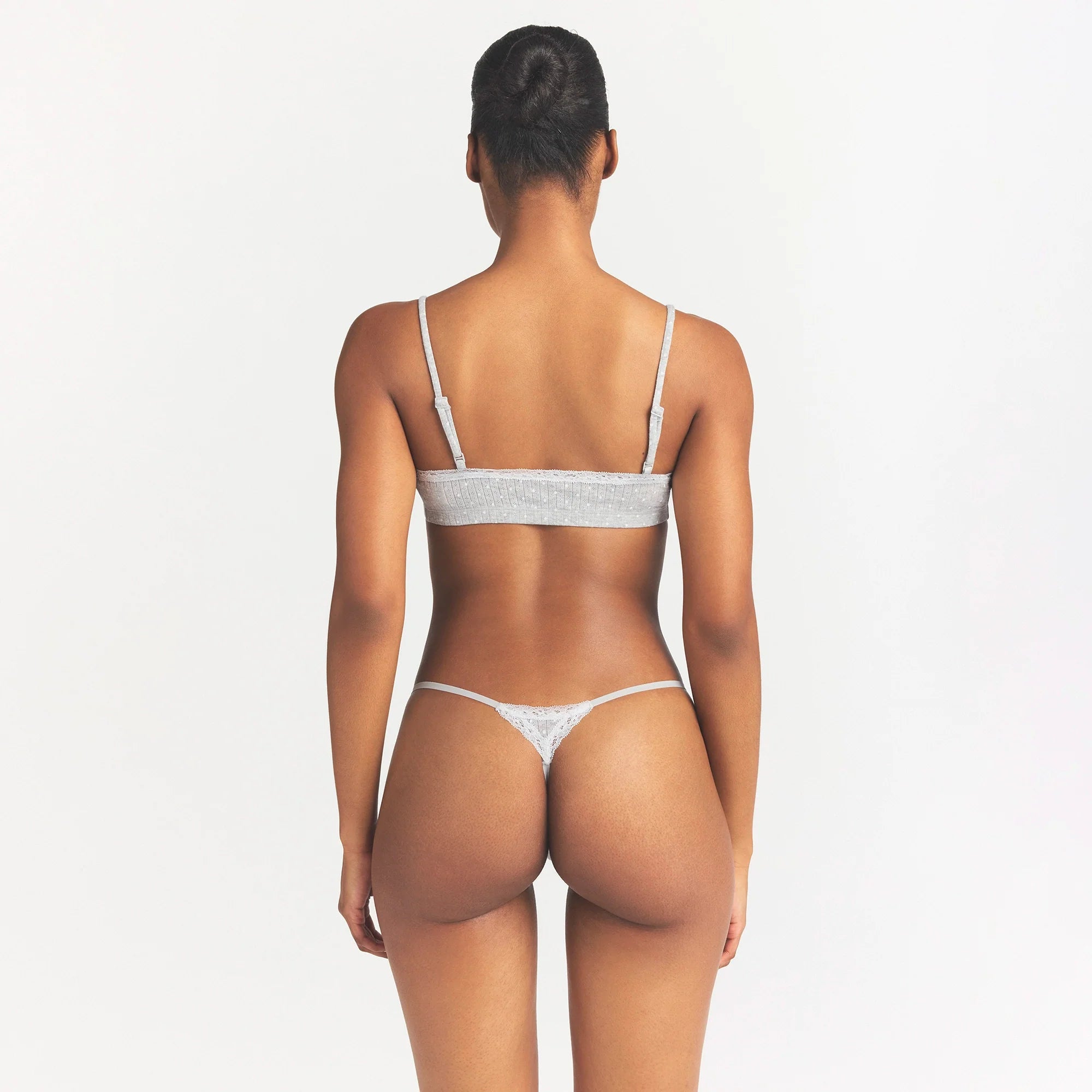 LIGHTWEIGHT COTTON POINTELLE SCOOP BRALETTE | LIGHT HEATHER GREY PIN DOT ON A MODEL SIDE VIEW @ | FOCUS: 0.0, 1.0, 0.9