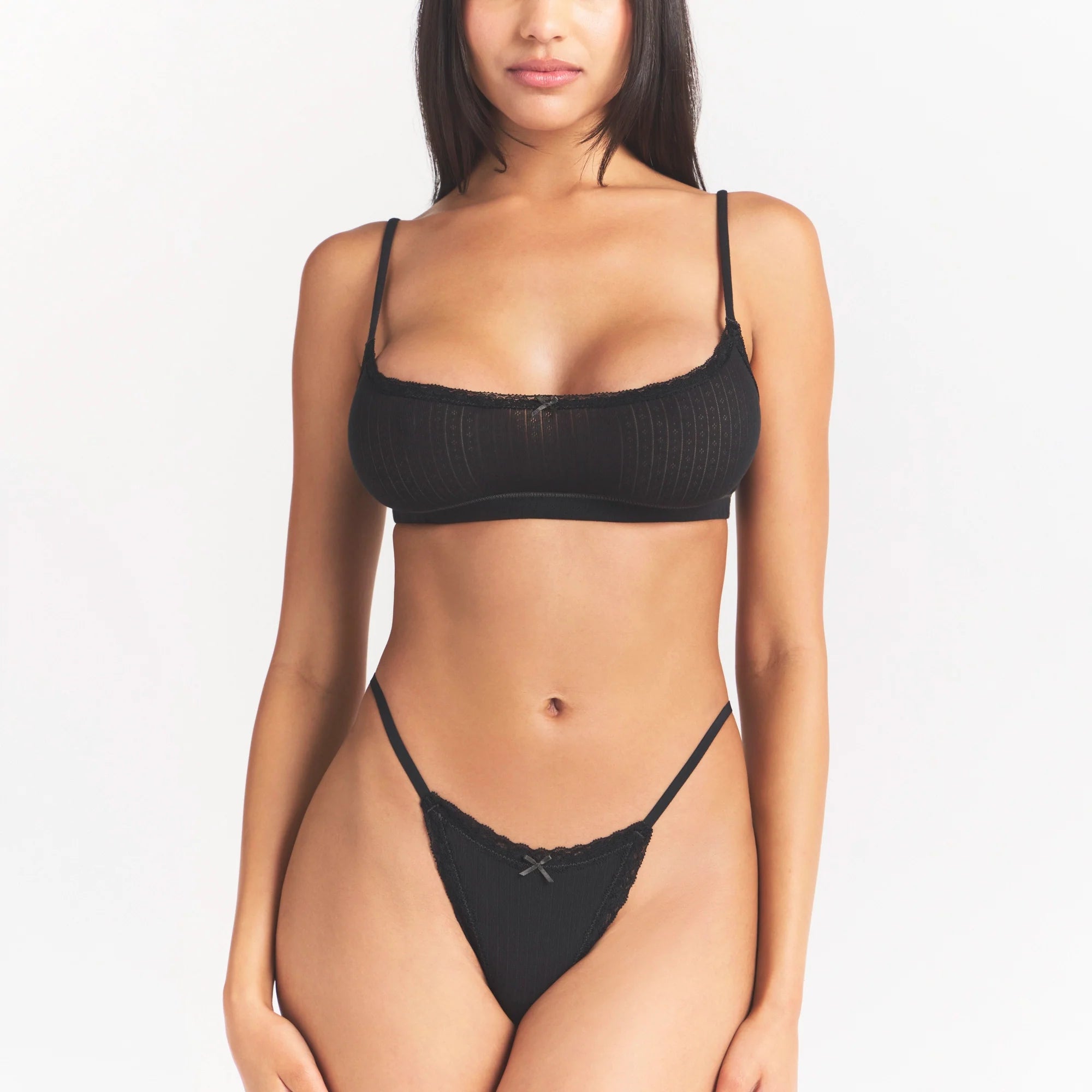 LIGHTWEIGHT COTTON POINTELLE SCOOP BRALETTE | SOOT TONAL ON A MODEL SIDE VIEW | FOCUS: 0.0, 1.0, 0.9