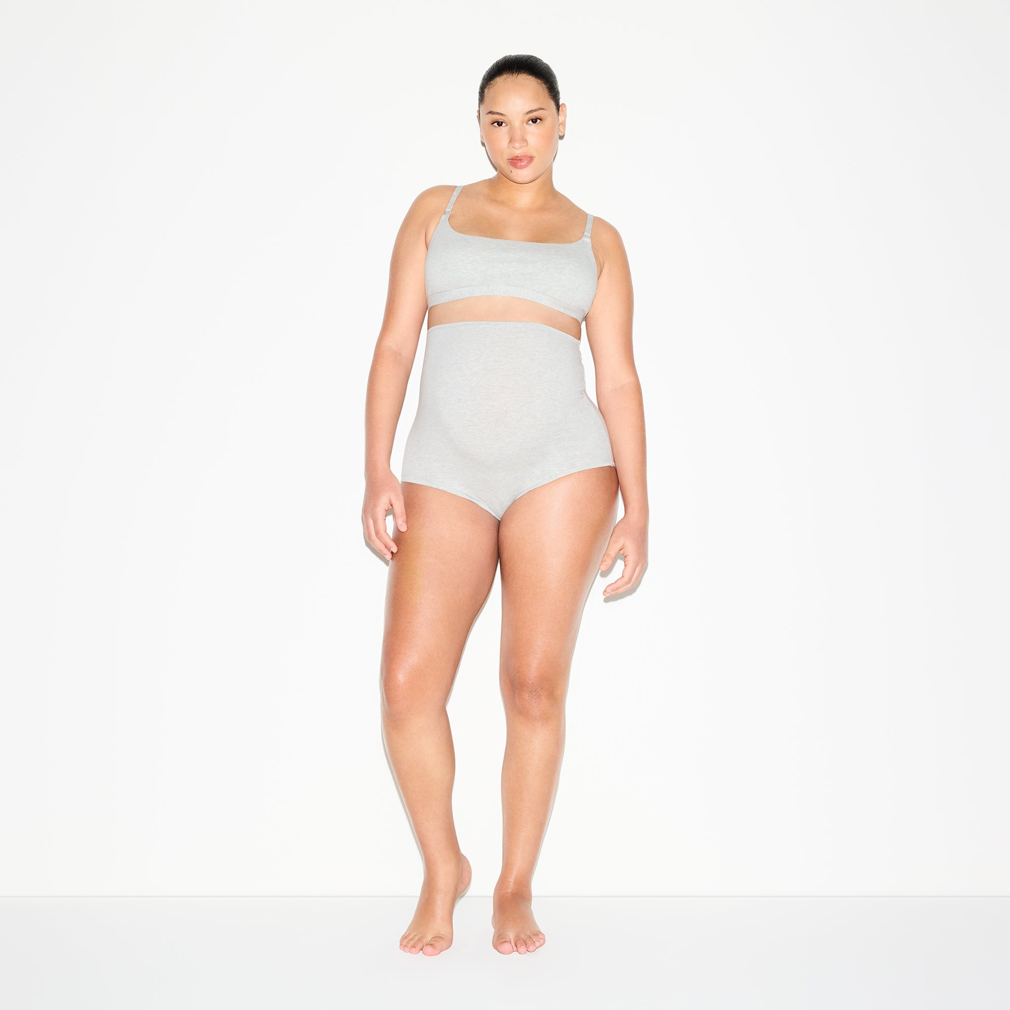 COTTON JERSEY MATERNITY NURSING SCOOP BRALETTE 2-PACK | LIGHT HEATHER GREY ON A MODEL FRONT VIEW @ | FOCUS: 0.0, 1.0, 0.9