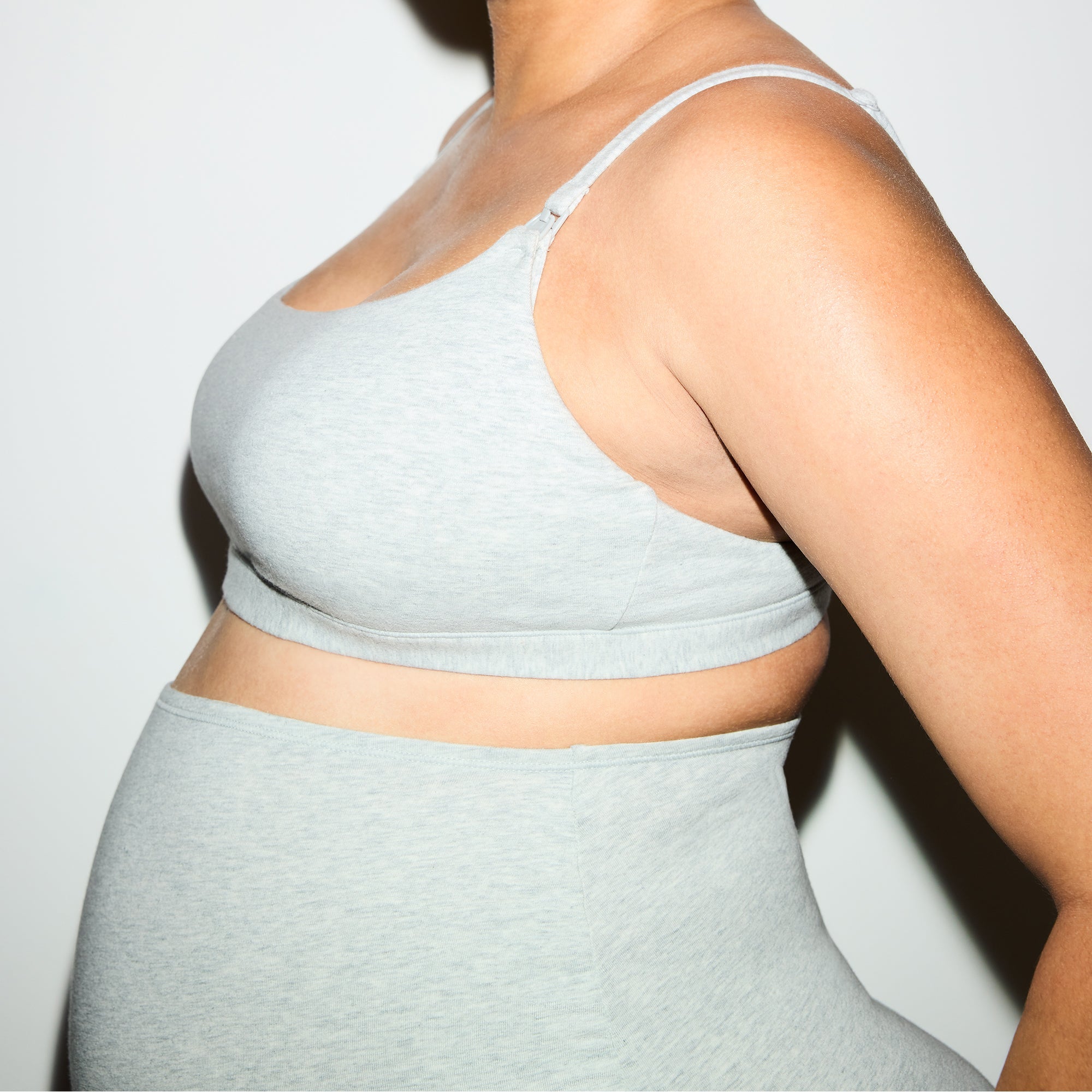 COTTON JERSEY MATERNITY NURSING SCOOP BRALETTE 2-PACK | LIGHT HEATHER GREY ON A MODEL SIDE VIEW @ | FOCUS: 0.0, 1.0, 0.9