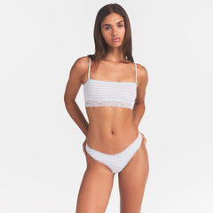 LIGHTWEIGHT COTTON STRAIGHT NECK BRALETTE | AIRSPACE LAGUNA STRIPE ON A MODEL SIDE VIEW @ | FOCUS: 0.0, 1.0, 0.9
