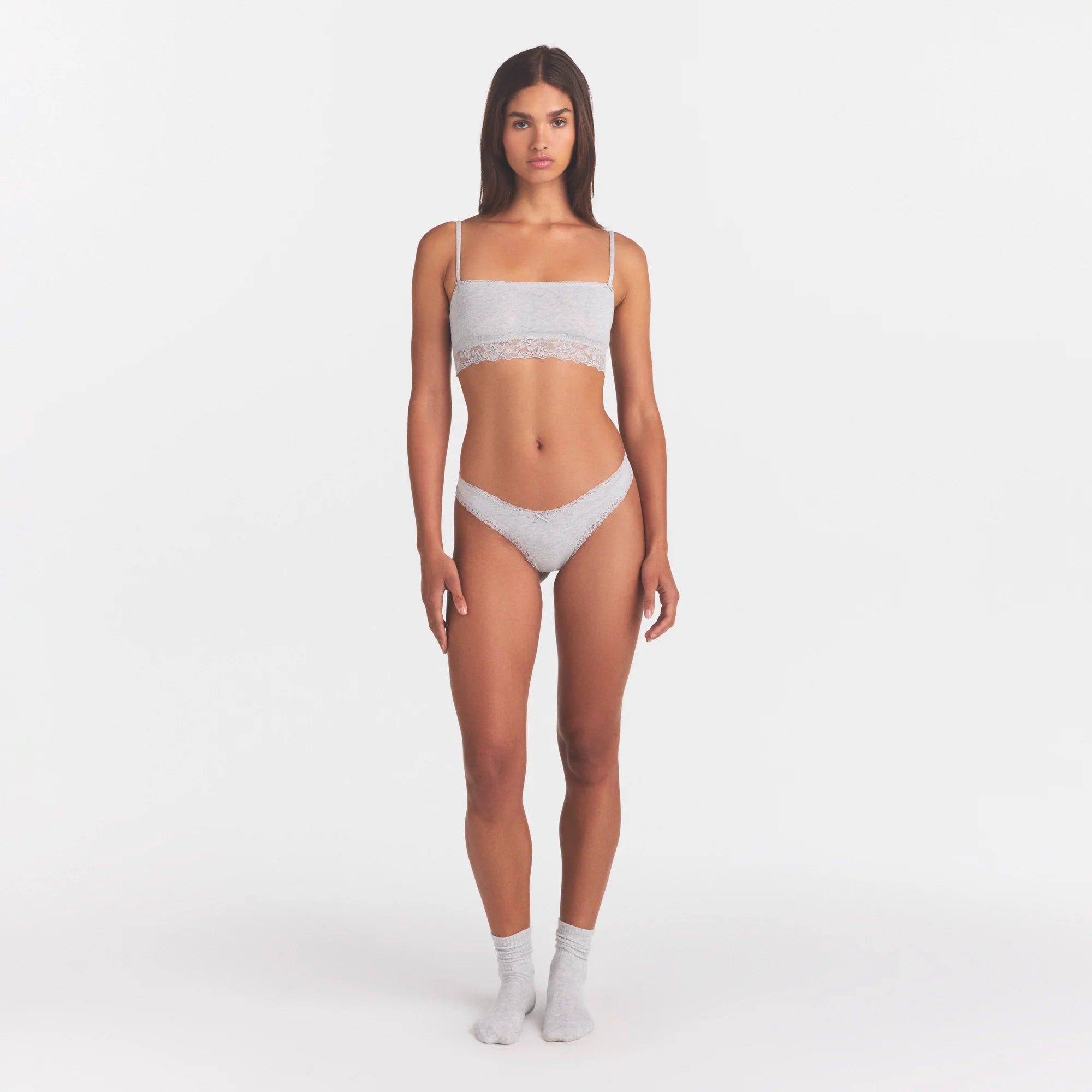 LIGHTWEIGHT COTTON STRAIGHT NECK BRALETTE | LIGHT HEATHER GREY ON A MODEL FRONT VIEW | FOCUS: 0.0, 1.0, 0.9