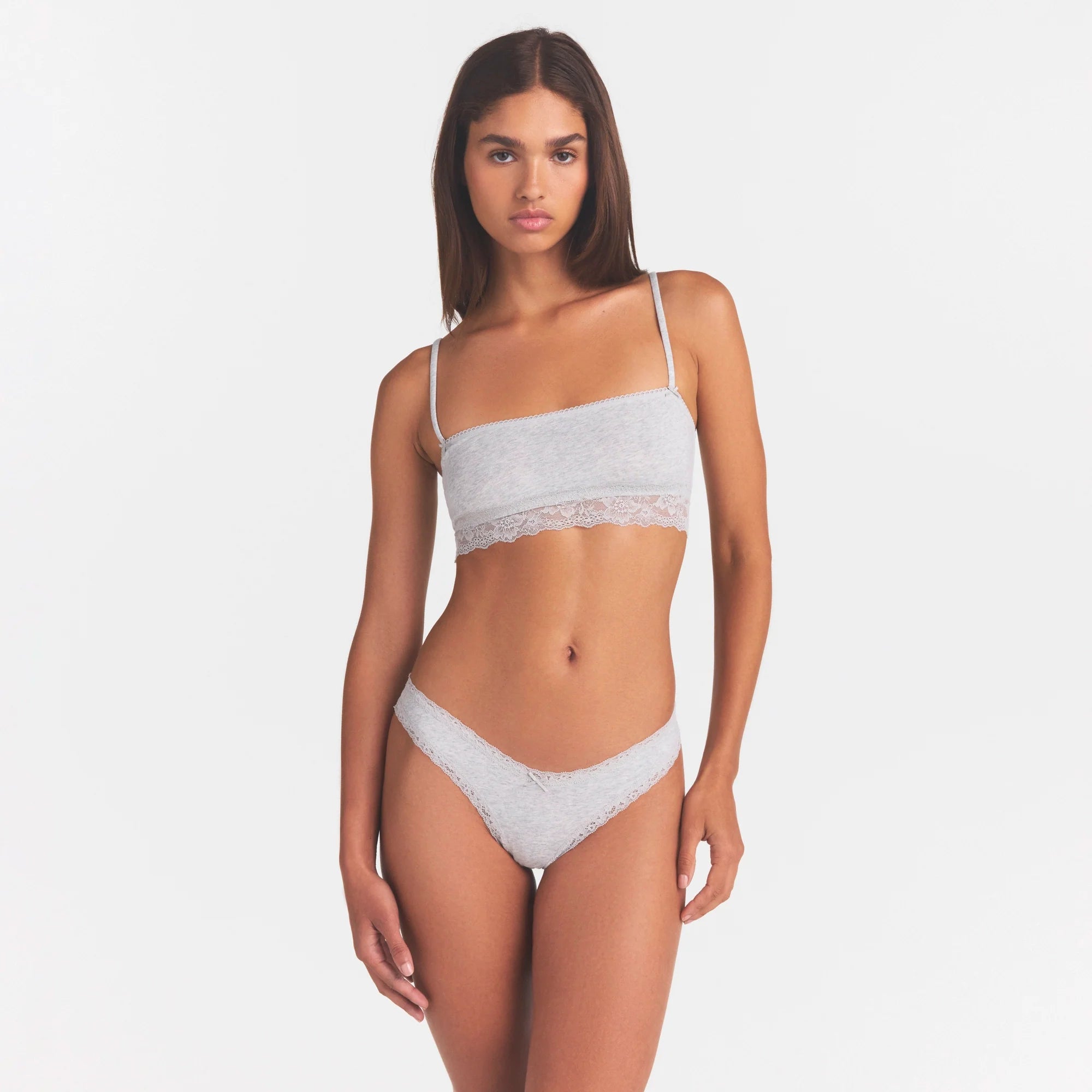 LIGHTWEIGHT COTTON STRAIGHT NECK BRALETTE | LIGHT HEATHER GREY ON A MODEL SIDE VIEW | FOCUS: 0.0, 1.0, 0.9