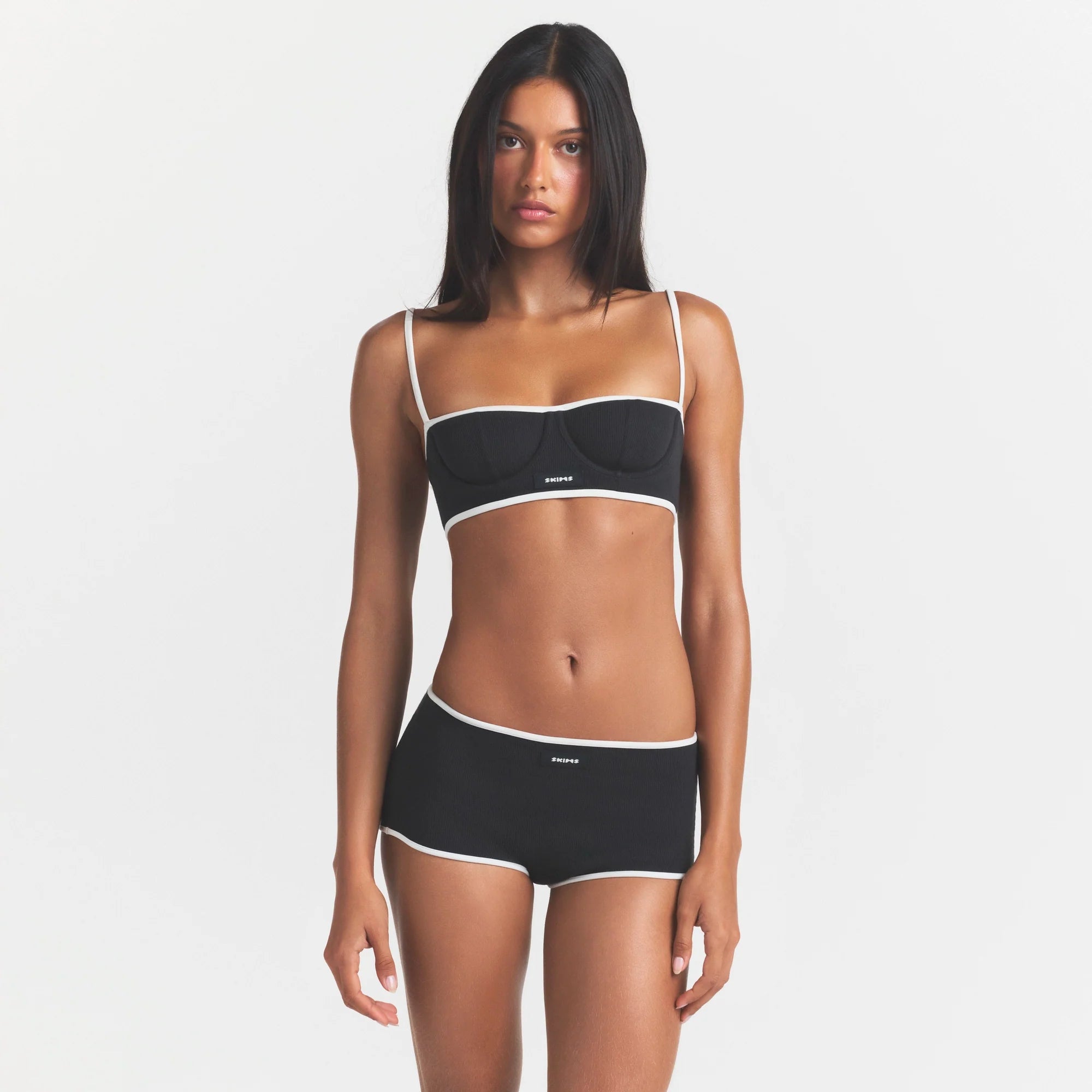 COTTON RIB BALCONETTE BRA | SOOT CONTRAST & LAYS FLAT ON A WHITE BACKGROUND | FLT @ | FOCUS: 0.0, 1.0, 0.9