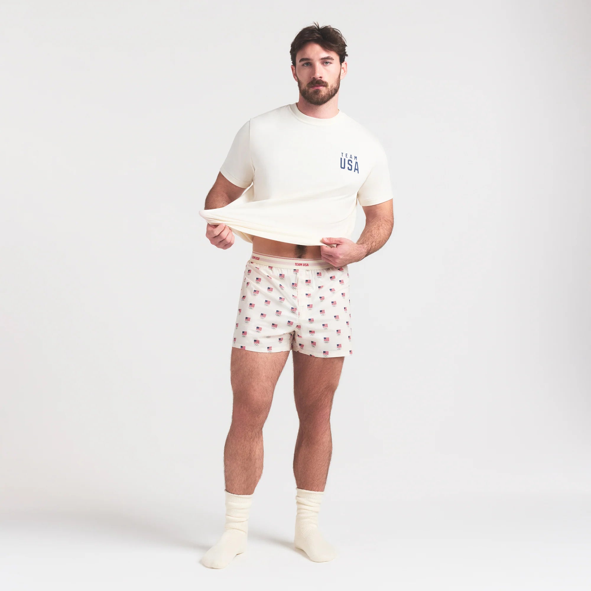 SKIMS FOR TEAM USA COTTON POPLIN MENS OLYMPIC BOXER | ECRU ON A MODEL FRONT VIEW @ | FOCUS: 0.0, 1.0, 0.9