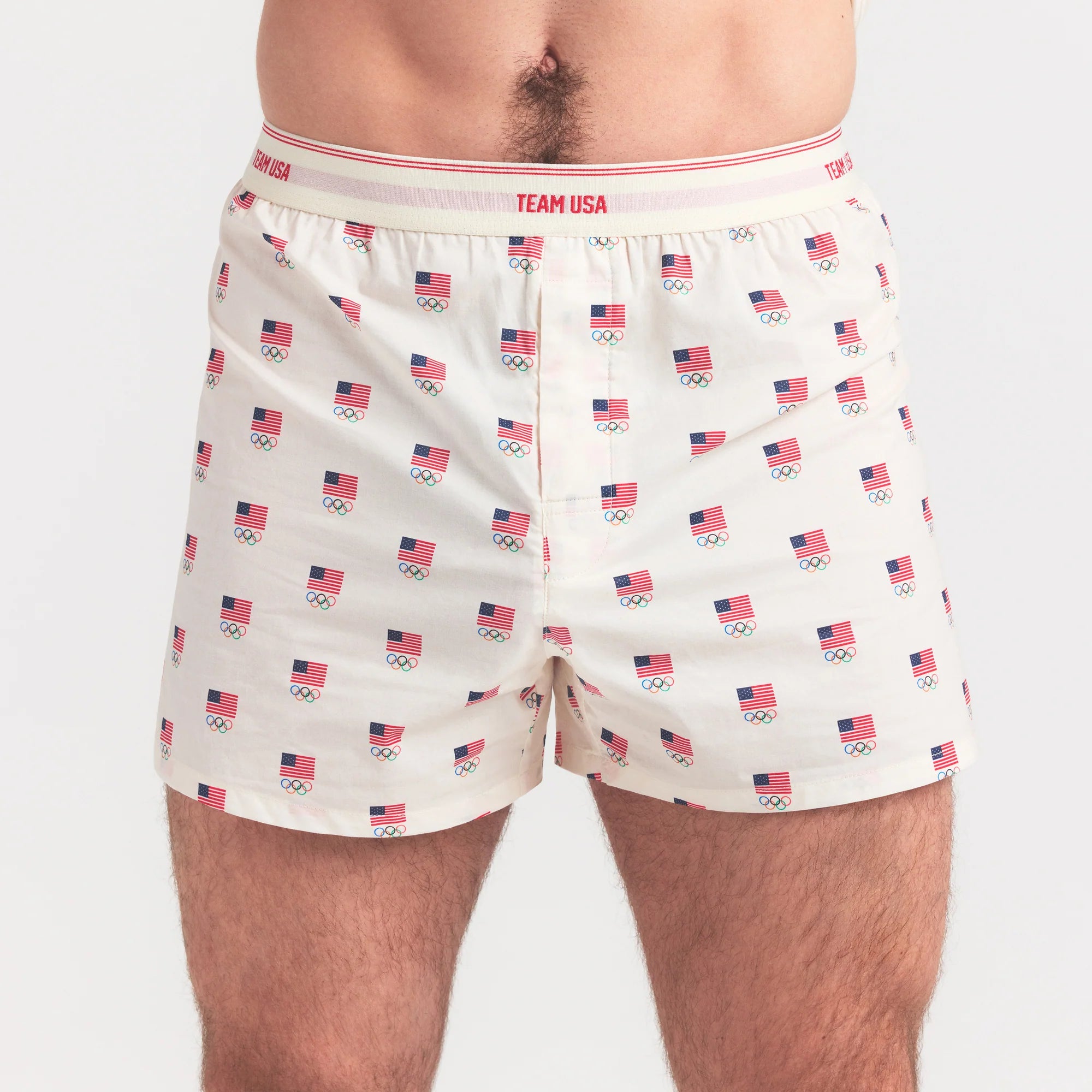 SKIMS FOR TEAM USA COTTON POPLIN MENS OLYMPIC BOXER | ECRU ON A MODEL SIDE VIEW @ | FOCUS: 0.0, 1.0, 0.9