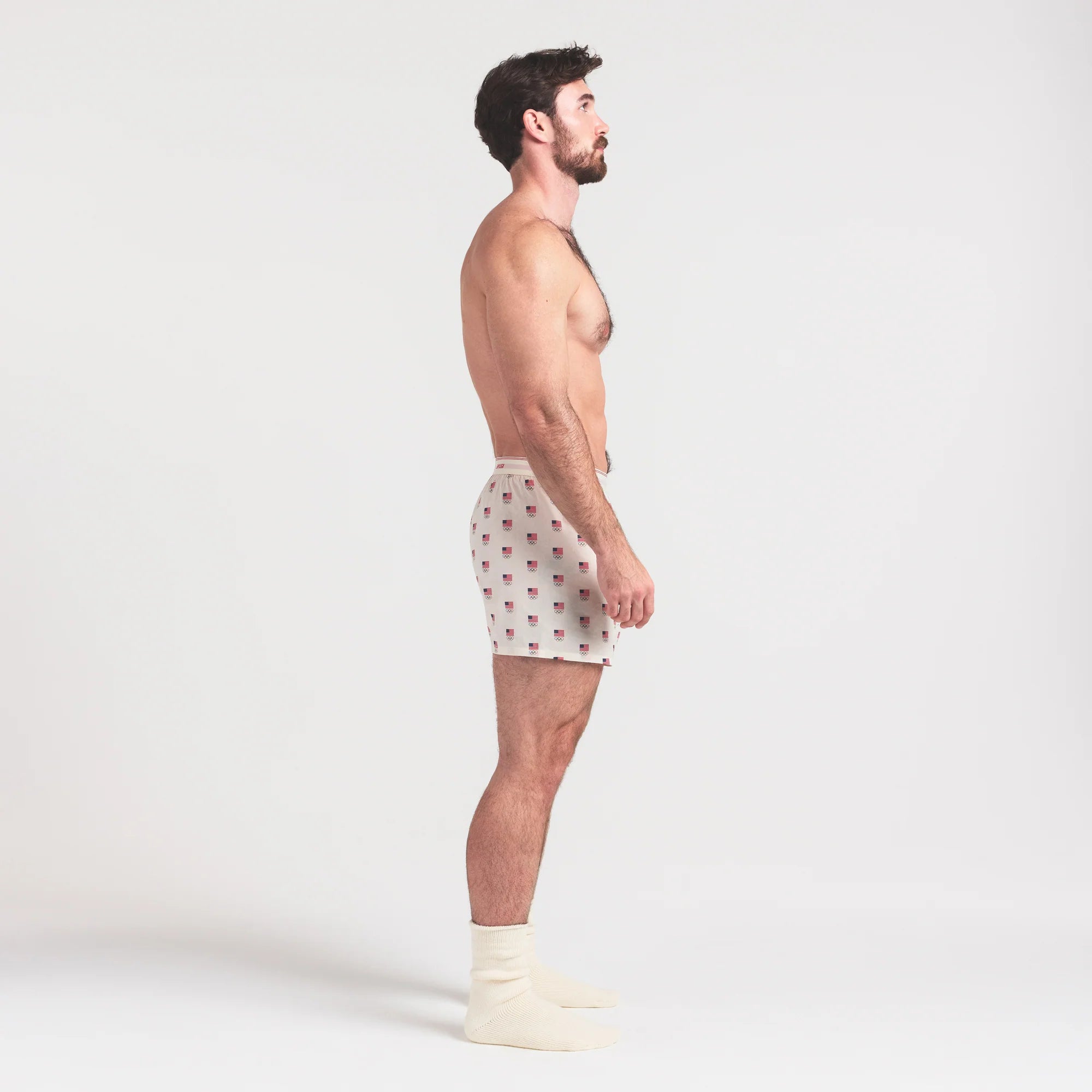 SKIMS FOR TEAM USA COTTON POPLIN MENS OLYMPIC BOXER | ECRU ON A MODEL FRONT VIEW @ | FOCUS: 0.0, 1.0, 0.9