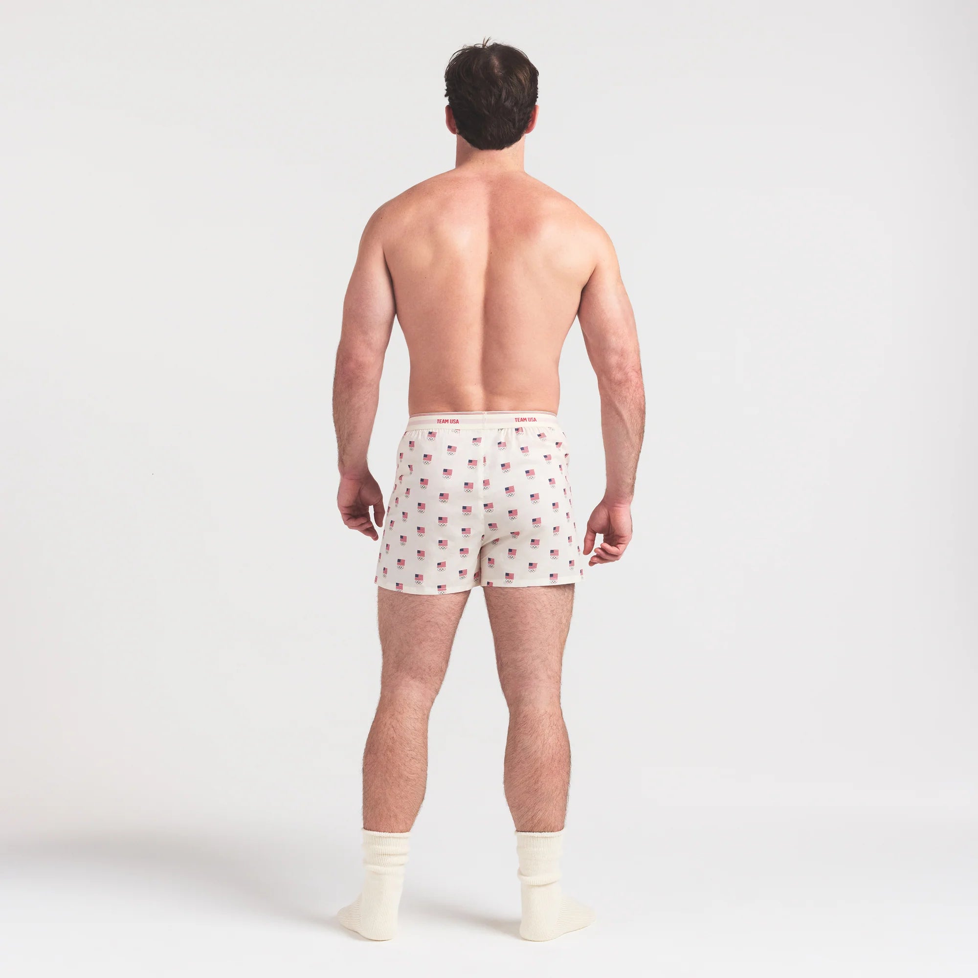 SKIMS FOR TEAM USA COTTON POPLIN MENS OLYMPIC BOXER | ECRU ON A MODEL FRONT VIEW @ | FOCUS: 0.0, 1.0, 0.9