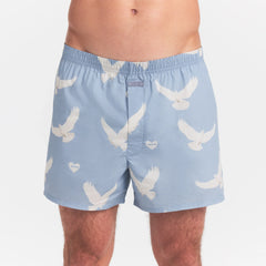 COTTON POPLIN MENS BOXER | AERO TEXTURED DOVE PRINT ON A MODEL SIDE VIEW @ | FOCUS: 0.0, 1.0, 0.9