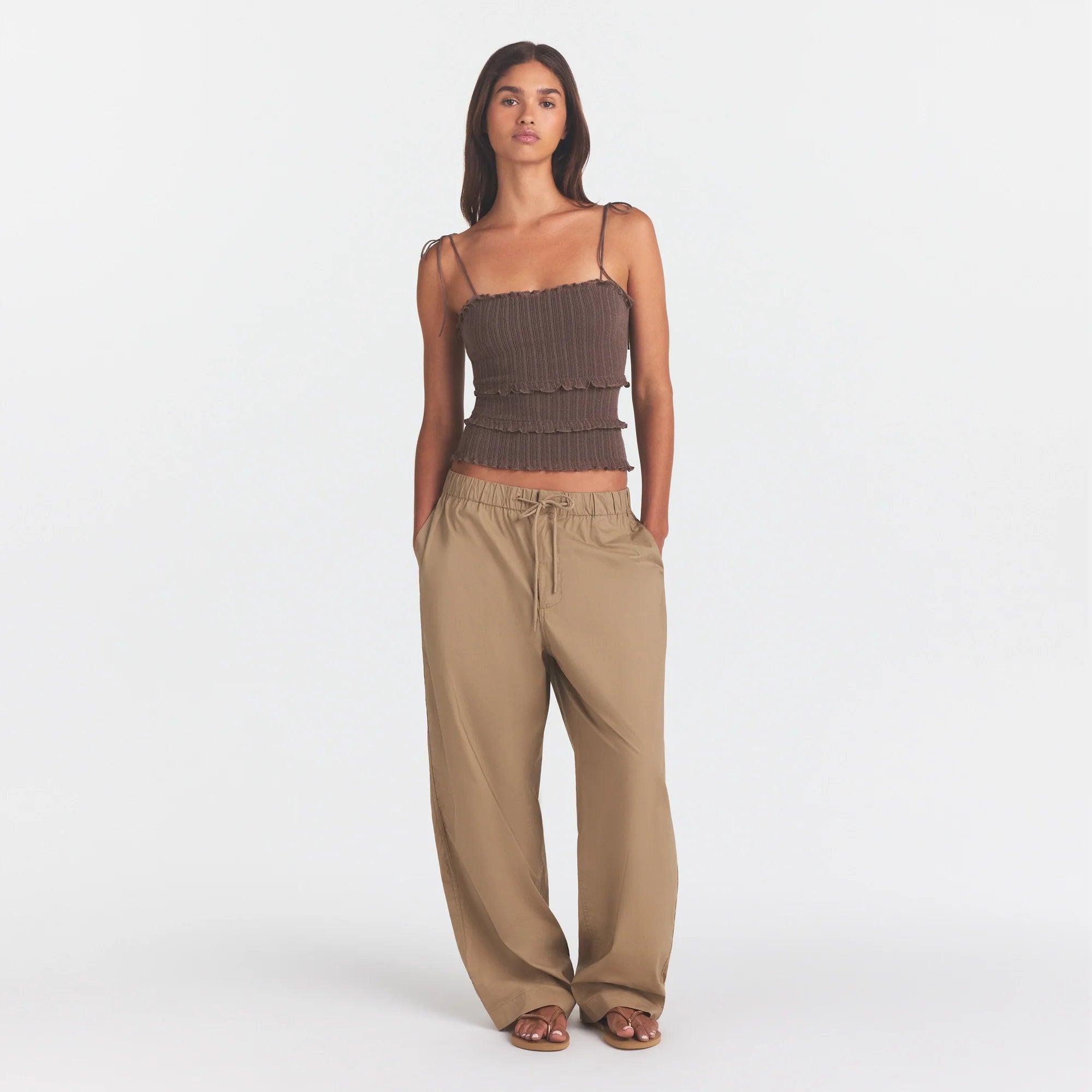 WOVEN COTTON OVERSIZED STRAIGHT LEG PANT | DESERT ON A MODEL FRONT VIEW @ | FOCUS: 0.0, 1.0, 0.9