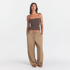 WOVEN COTTON OVERSIZED STRAIGHT LEG PANT | DESERT ON A MODEL FRONT VIEW @ | FOCUS: 0.0, 1.0, 0.9