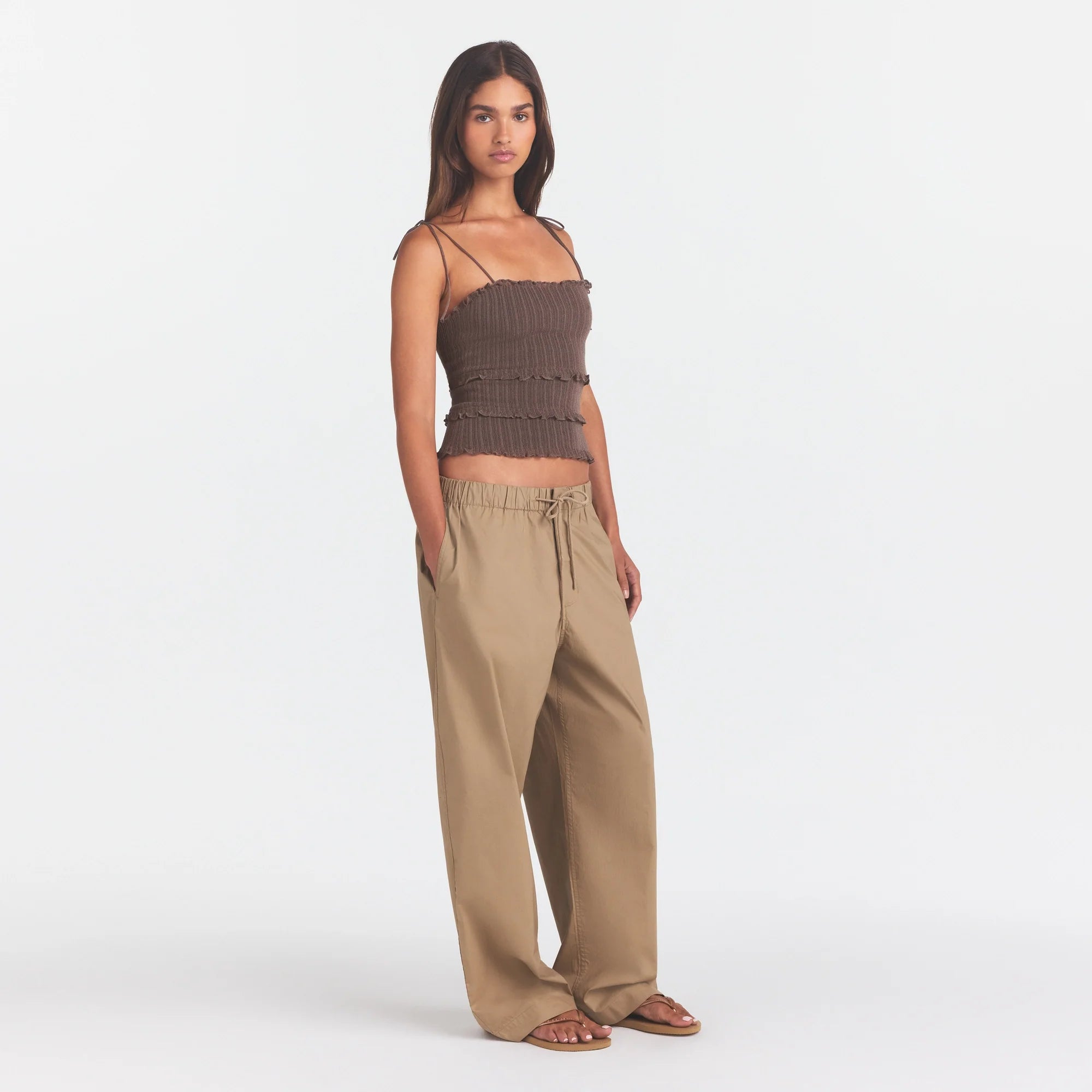 WOVEN COTTON OVERSIZED STRAIGHT LEG PANT | DESERT ON A MODEL FRONT VIEW @ | FOCUS: 0.0, 1.0, 0.9