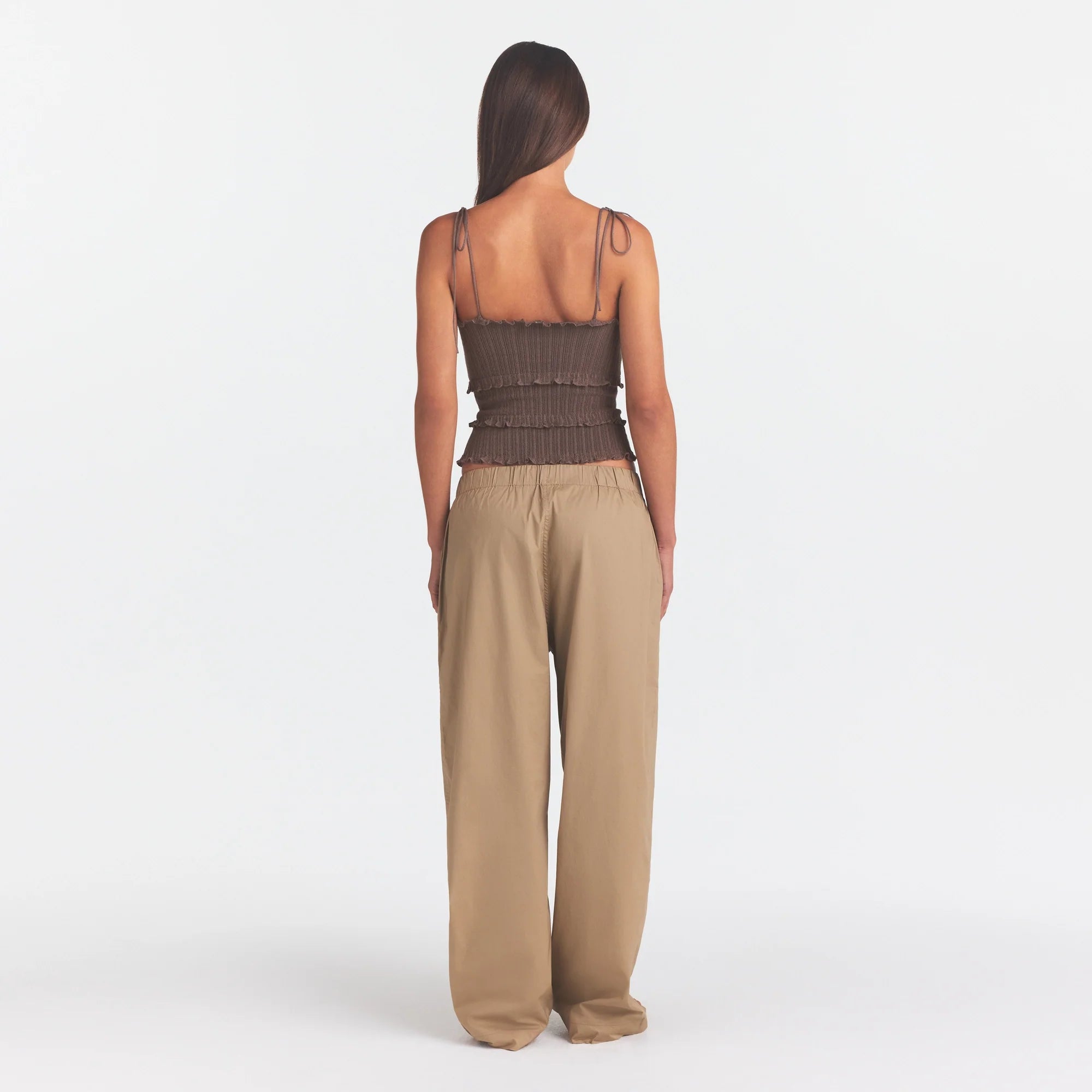 WOVEN COTTON OVERSIZED STRAIGHT LEG PANT | DESERT ON A MODEL FRONT VIEW @ | FOCUS: 0.0, 1.0, 0.9