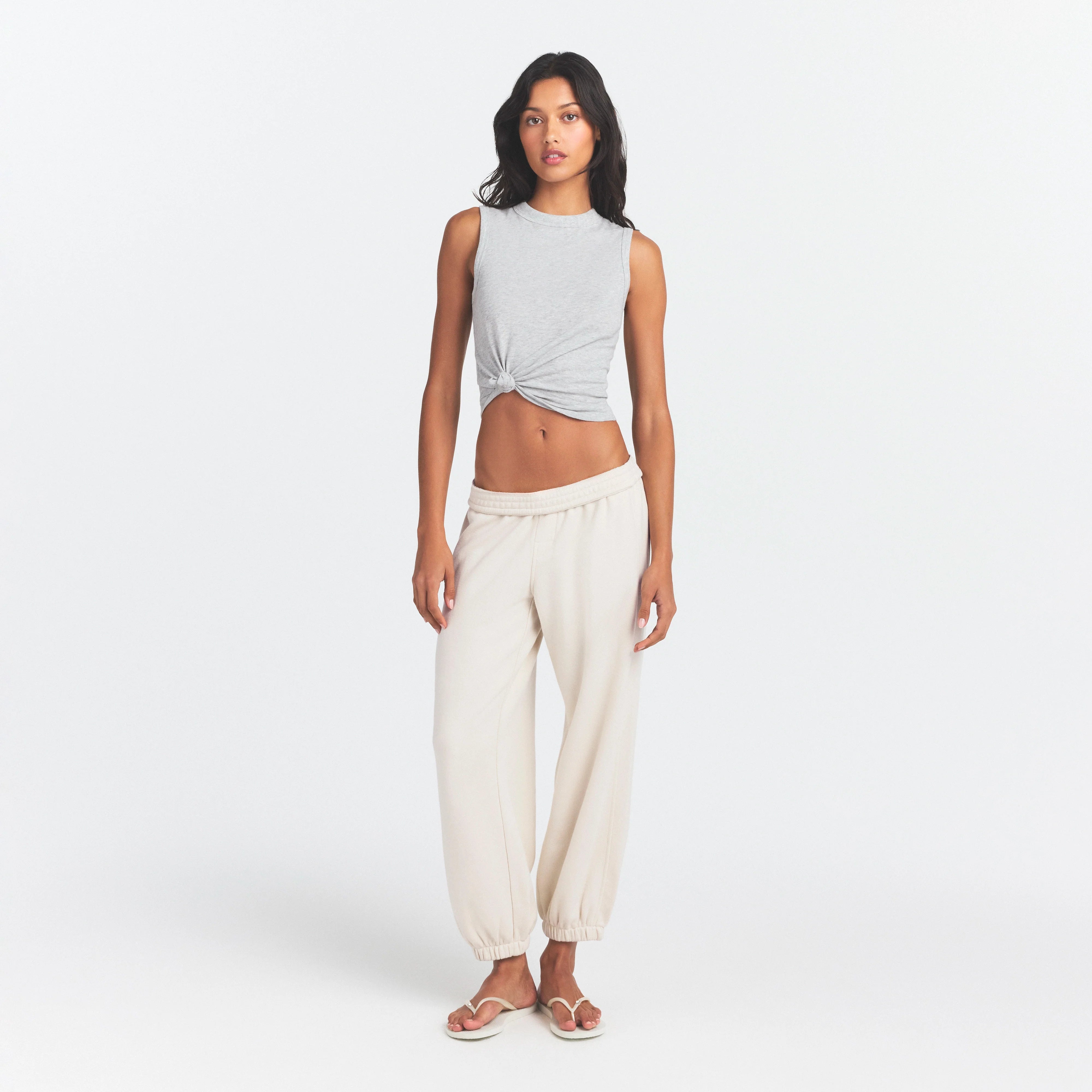 DRAPEY FRENCH TERRY CROPPED JOGGER | BUFF ON A MODEL FRONT VIEW @ | FOCUS: 0.0, 1.0, 0.9