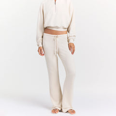 DRAPEY FRENCH TERRY STRAIGHT LEG PANT | BUFF ON A MODEL SIDE VIEW @ | FOCUS: 0.0, 1.0, 0.9