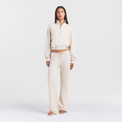 DRAPEY FRENCH TERRY STRAIGHT LEG PANT | BUFF ON A MODEL FRONT VIEW @ | FOCUS: 0.0, 1.0, 0.9