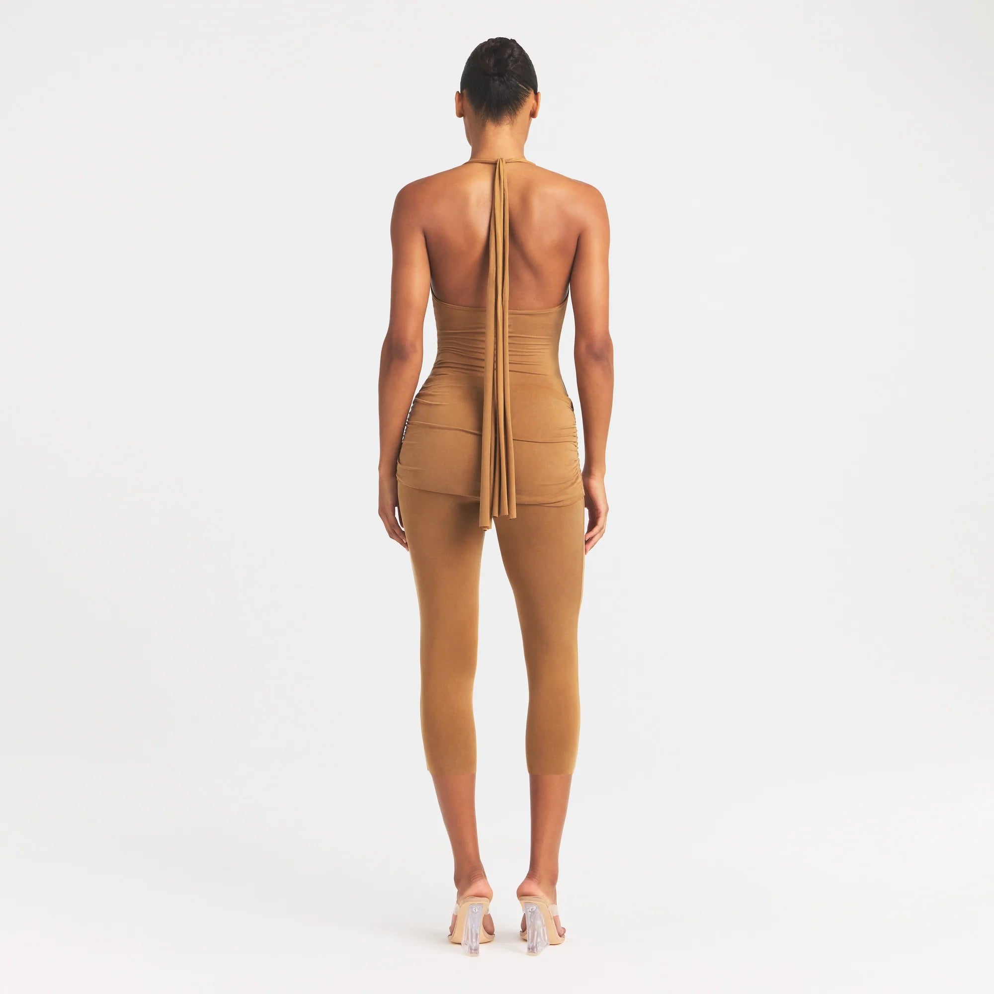 CUPRO JERSEY WRAP CAPRI | ALMOND ON A MODEL FRONT VIEW @ | FOCUS: 0.0, 1.0, 0.9