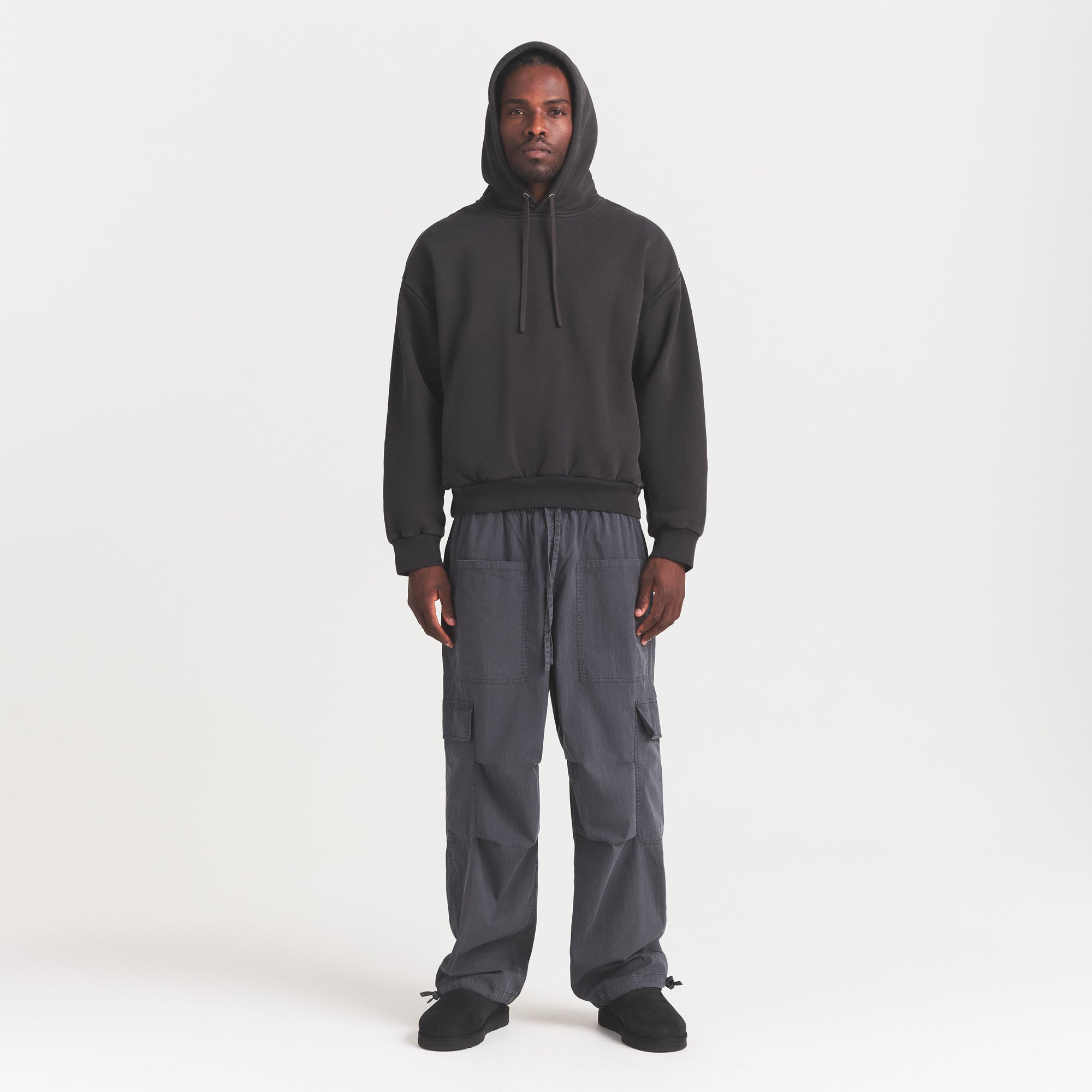 WOVEN MENS CARGO PANT | ASH ON A MODEL FRONT VIEW @ | FOCUS: 0.0, 1.0, 0.9