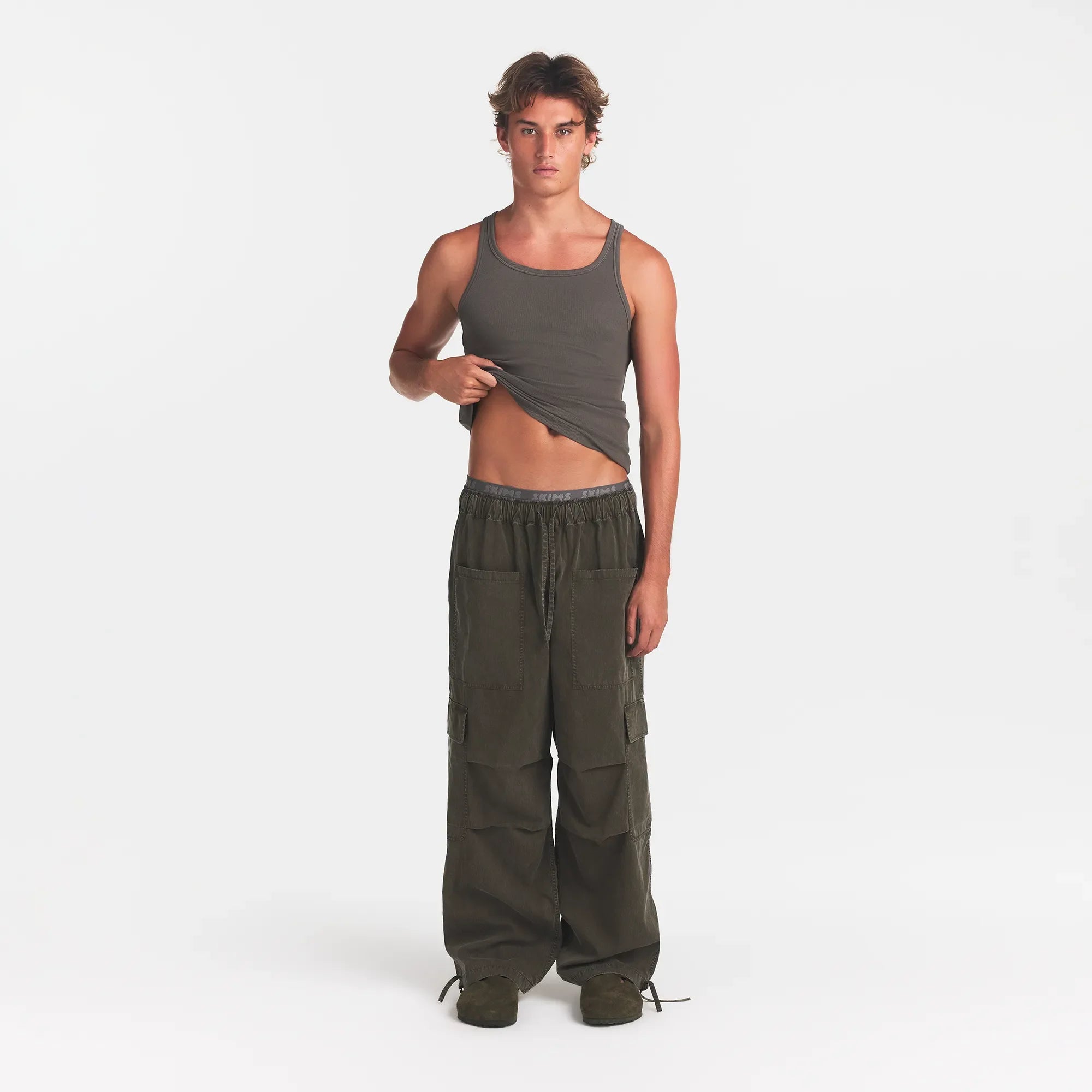 WOVEN MENS CARGO PANT | JUNGLE ON A MODEL FRONT VIEW @ | FOCUS: 0.0, 1.0, 0.9
