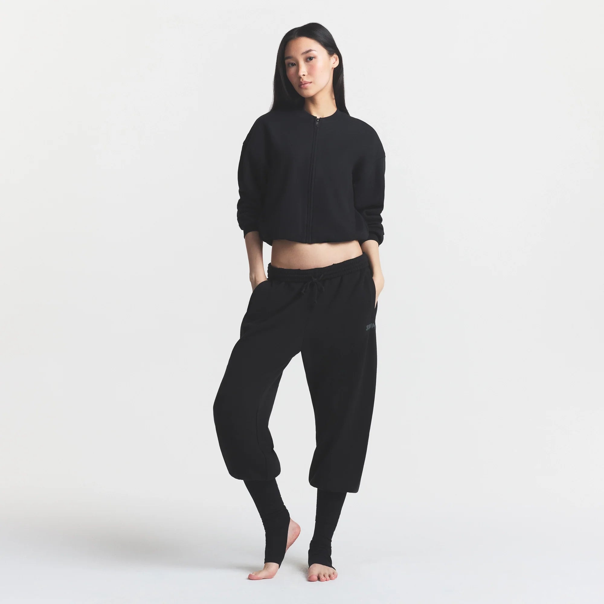 COTTON FLEECE JOGGER WITH RIB GAITERS | ONYX ON A MODEL FRONT VIEW @ | FOCUS: 0.0, 1.0, 0.9