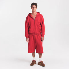 FLEECE LOUNGE MENS RELAXED LONG SHORT | WASHED RED ON A MODEL FRONT VIEW @ | FOCUS: 0.0, 1.0, 0.9