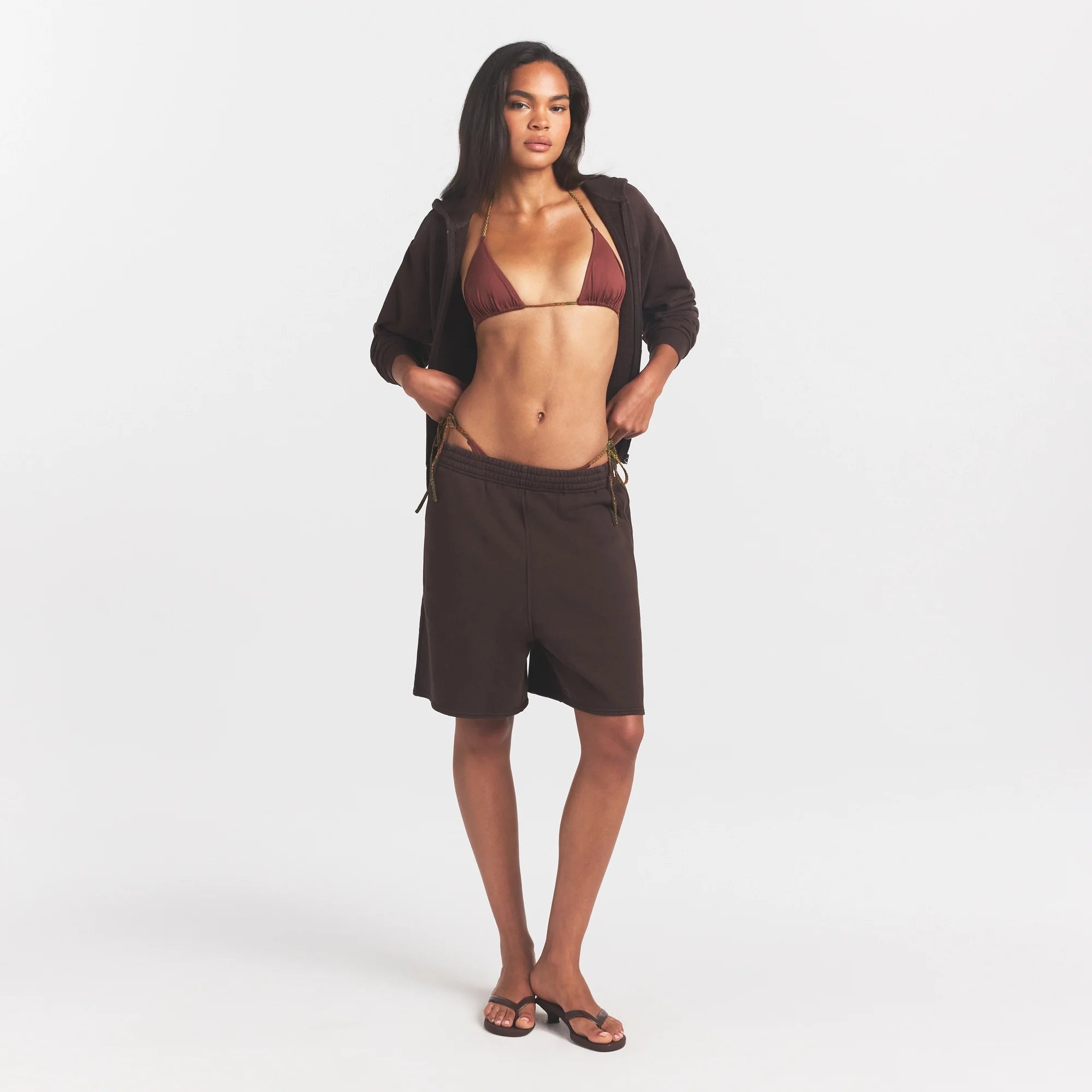 FRENCH TERRY LONG SHORT | ESPRESSO ON A MODEL FRONT VIEW @ | FOCUS: 0.0, 1.0, 0.9