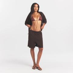 FRENCH TERRY LONG SHORT | ESPRESSO ON A MODEL FRONT VIEW @ | FOCUS: 0.0, 1.0, 0.9