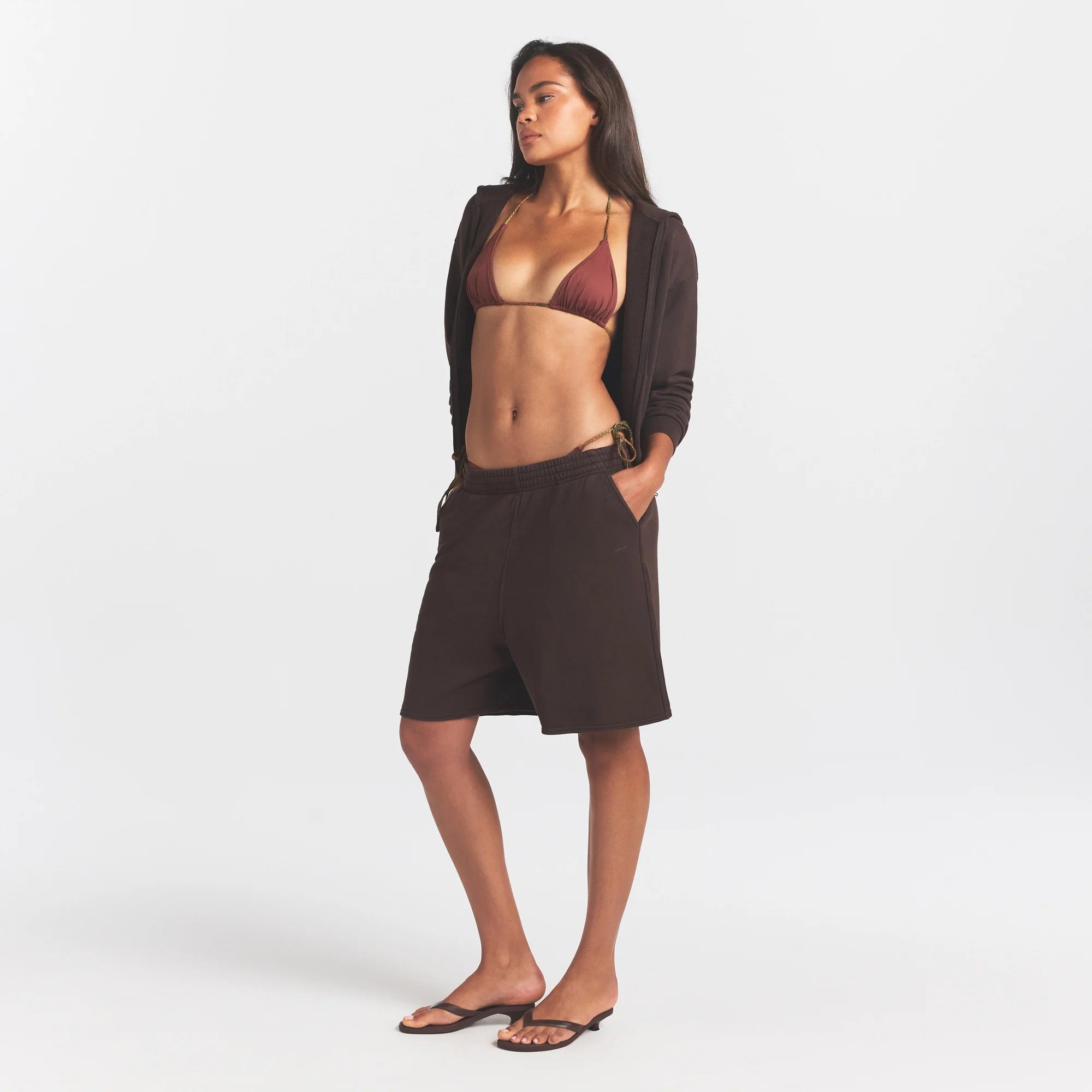 FRENCH TERRY LONG SHORT | ESPRESSO ON A MODEL FRONT VIEW @ | FOCUS: 0.0, 1.0, 0.9